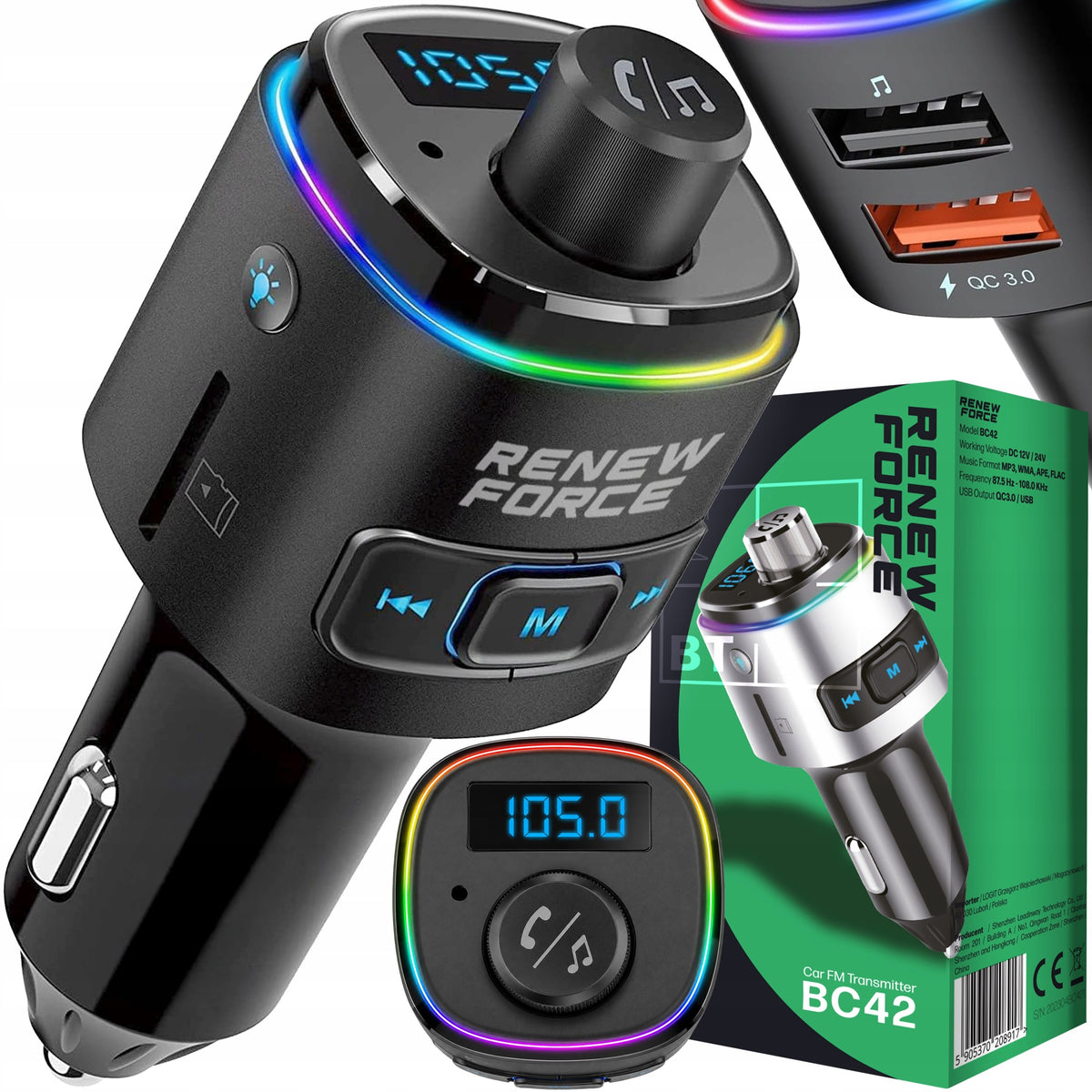 TRANSMITTER FM BLUETOOTH CHARGER BT USB TYP-C QC 3.0 + PD 23W BASS LED MP3