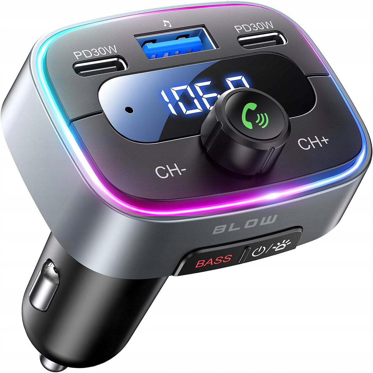 TRANSMITTER FM BLUETOOTH CHARGER BT USB TYPE-C PD 60W RGB BASS LED MP3