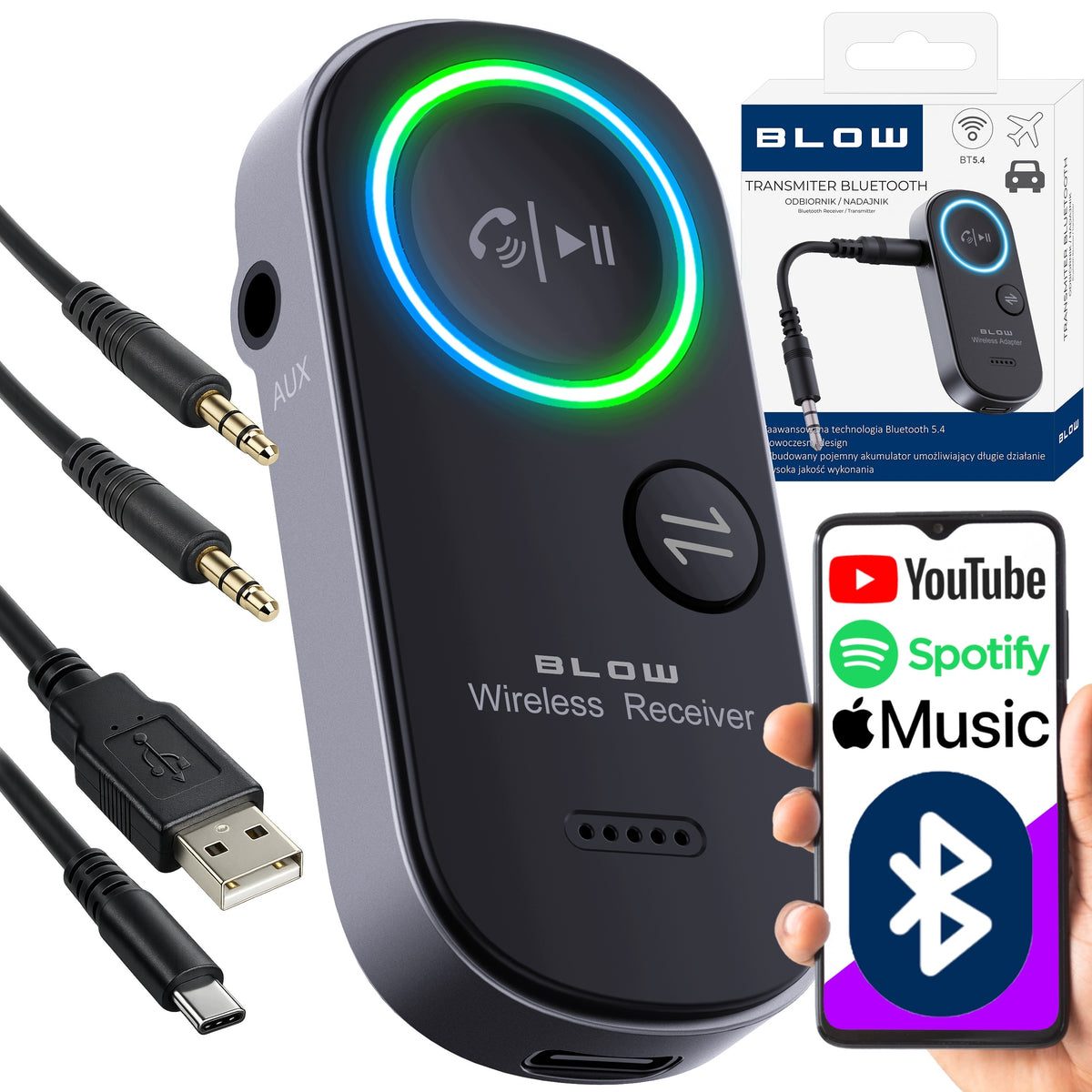 TRANSMITTER RECEIVER BLUETOOTH TRANSMITTER 5.4 AUX MINIJACK 3,5mm USB-C