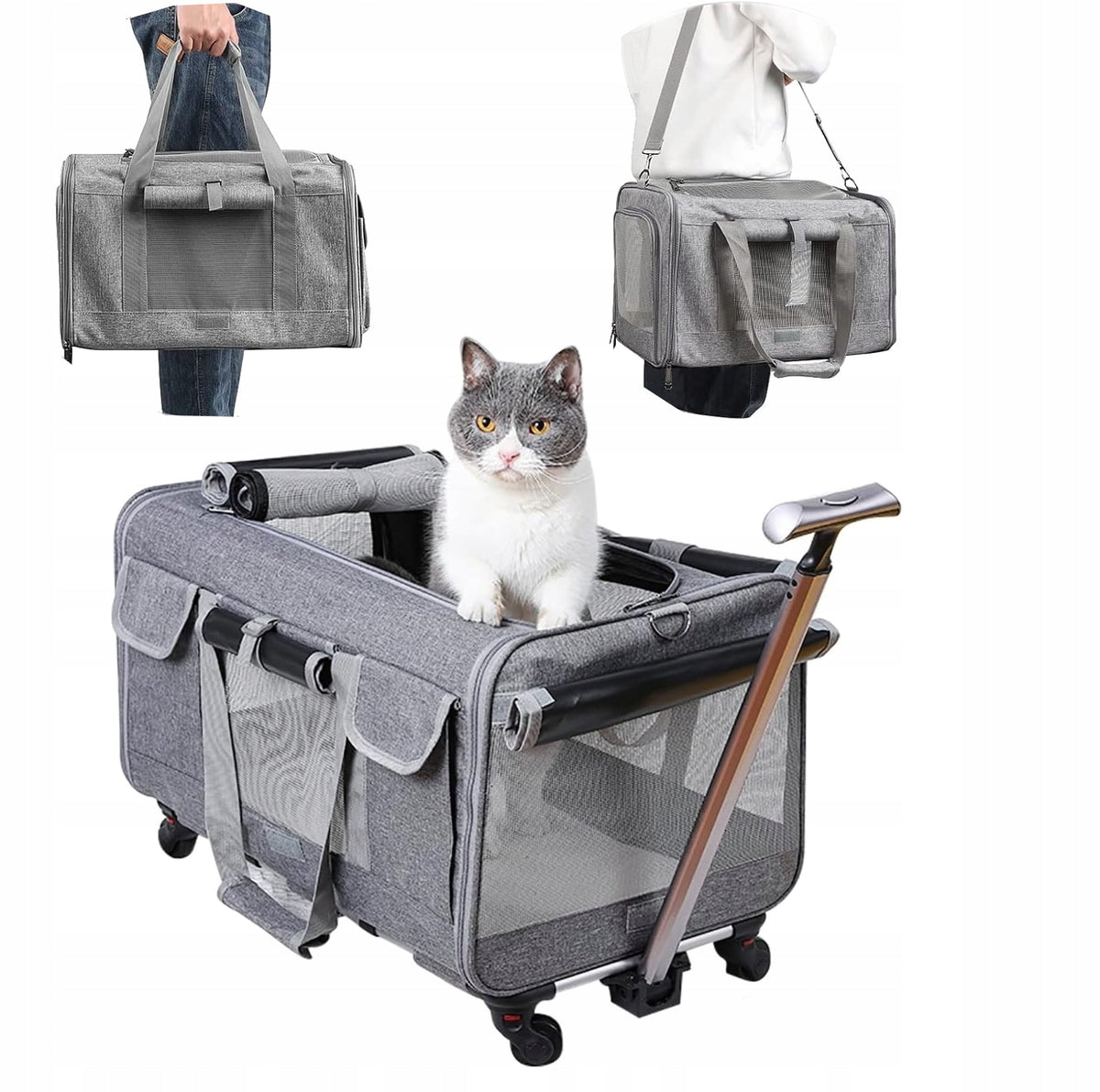 TRANSPORTER on wheels for dog cat | folding SUITCASE shoulder strap| I217