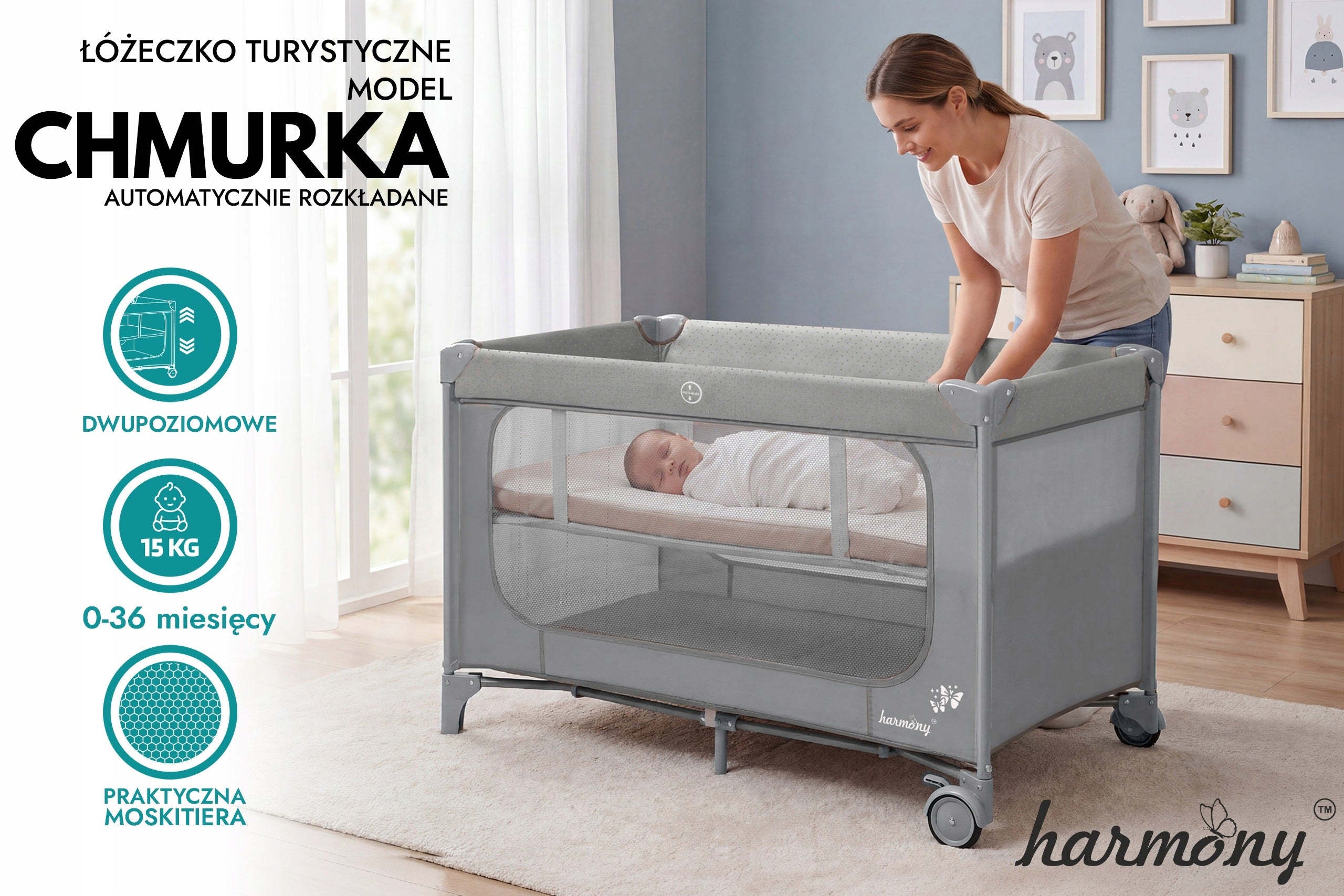 TRAVEL COT CLOUD TWO-LEVEL FOLDING WITH MOSQUITO NET + BAG Brand Harmony