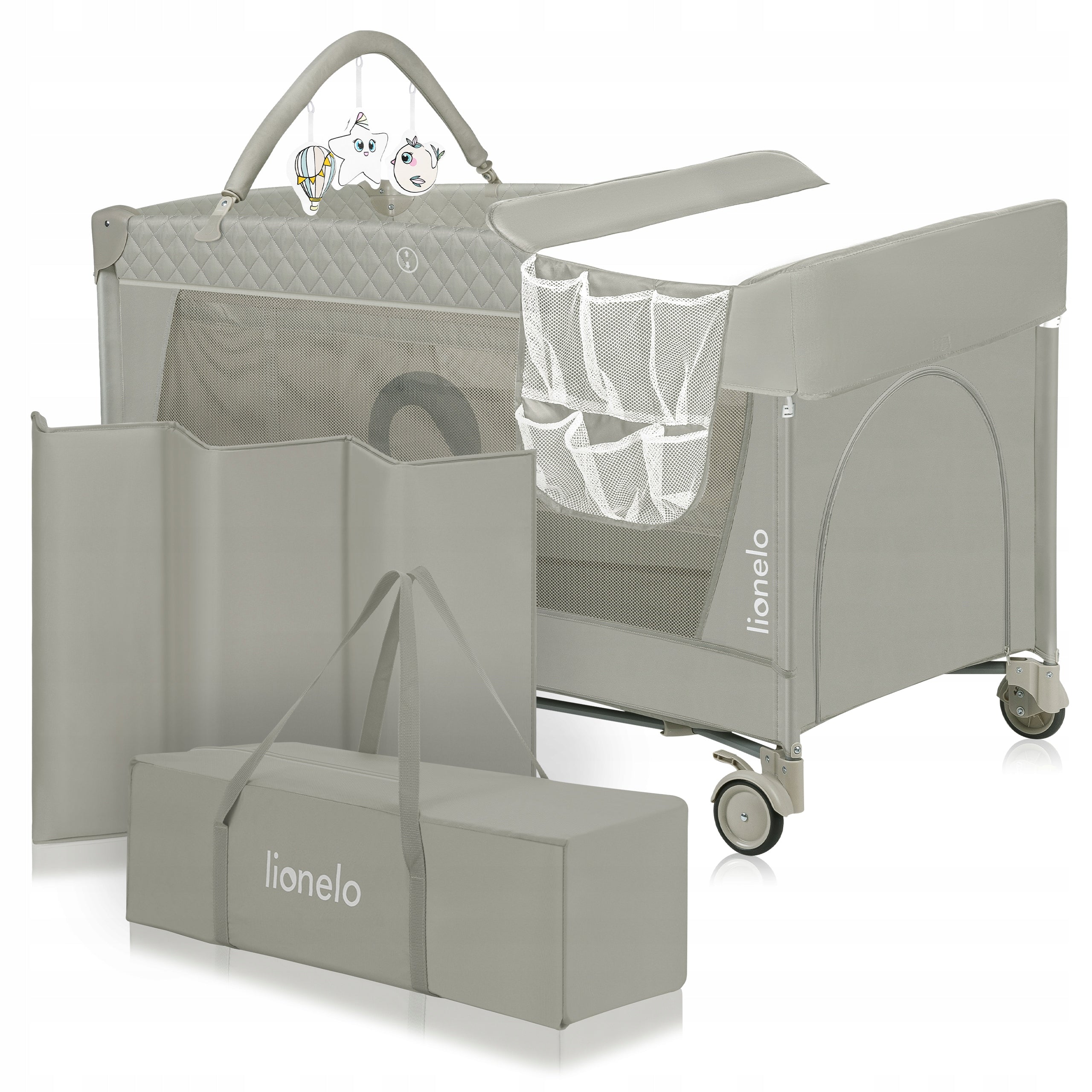 TRAVEL COT FOLDING CAROUSEL PLAYPEN CHANGING TABLE SWADDLE 4in1 LIONELO