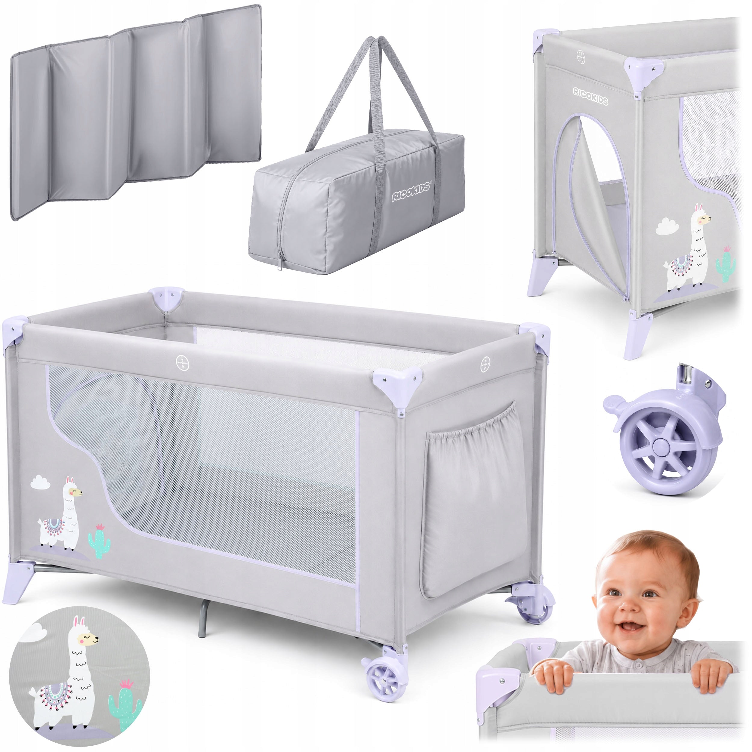 TRAVEL COT FOLDING TRAVEL PLAYPEN RICOKIDS MATTRESS + BAG