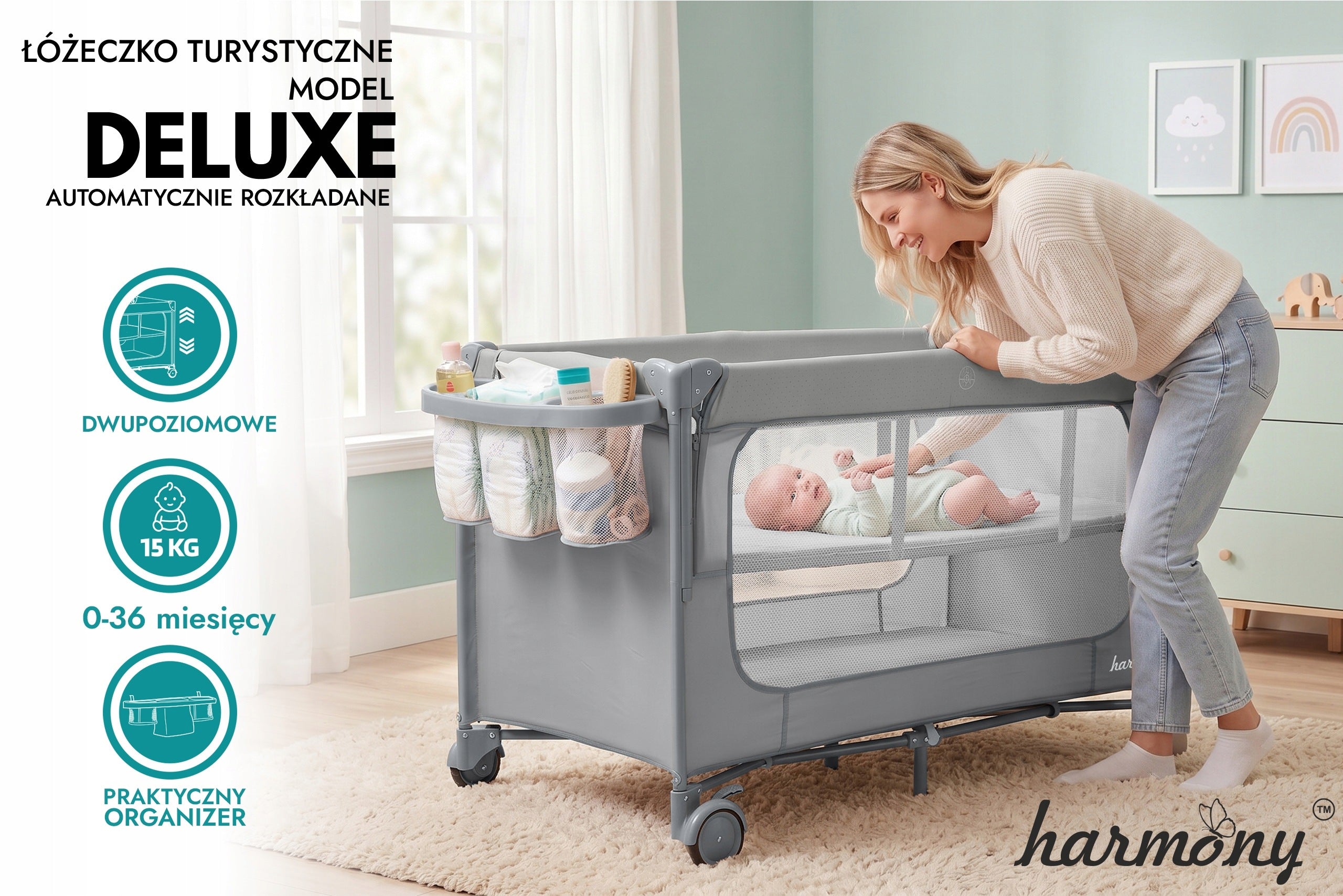 TRAVEL COT FOLDING TWO-LEVEL MATTRESS + CHANGING TABLE AND ORGANIZER Brand Harmony