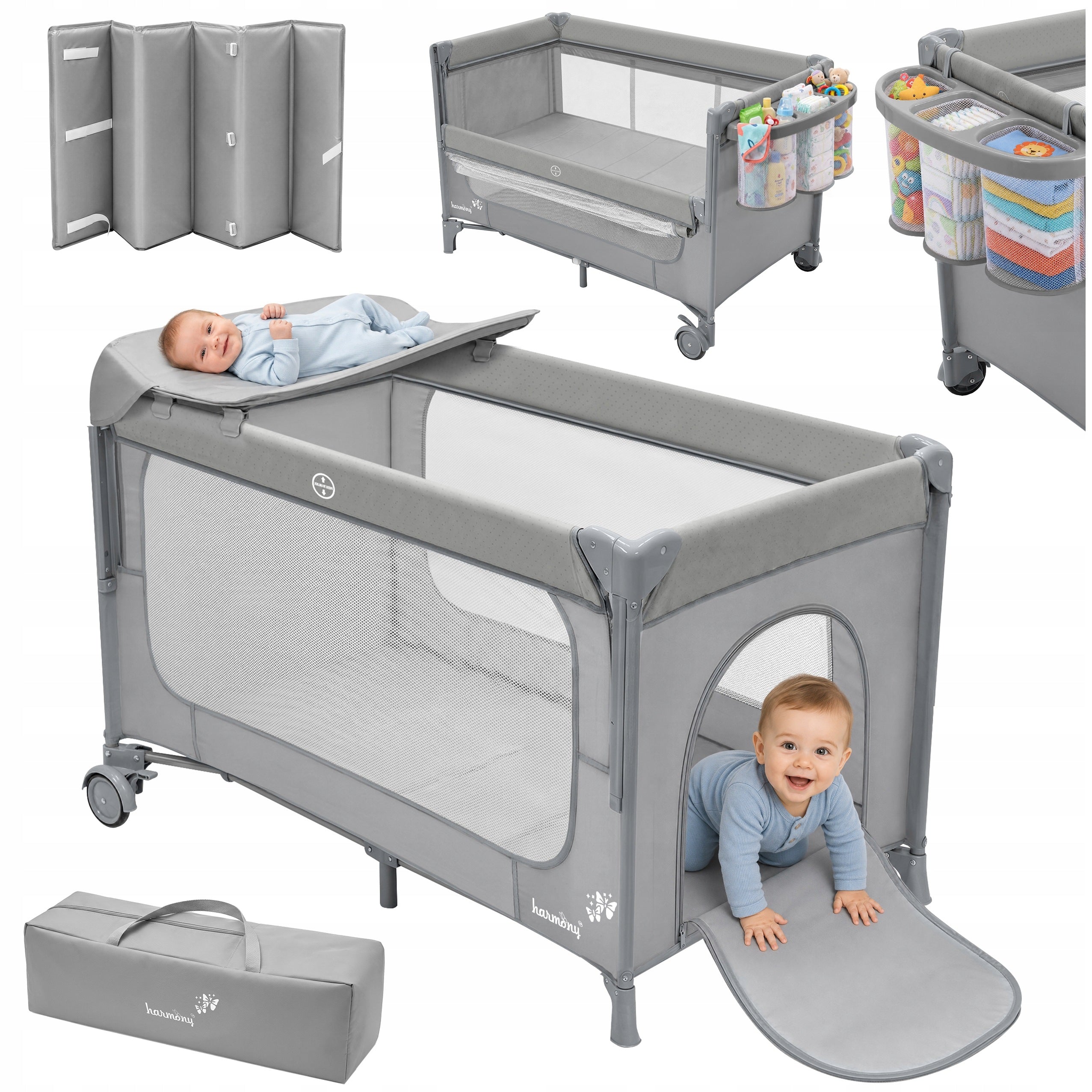 TRAVEL COT FOLDING TWO-LEVEL MATTRESS + CHANGING TABLE AND ORGANIZER