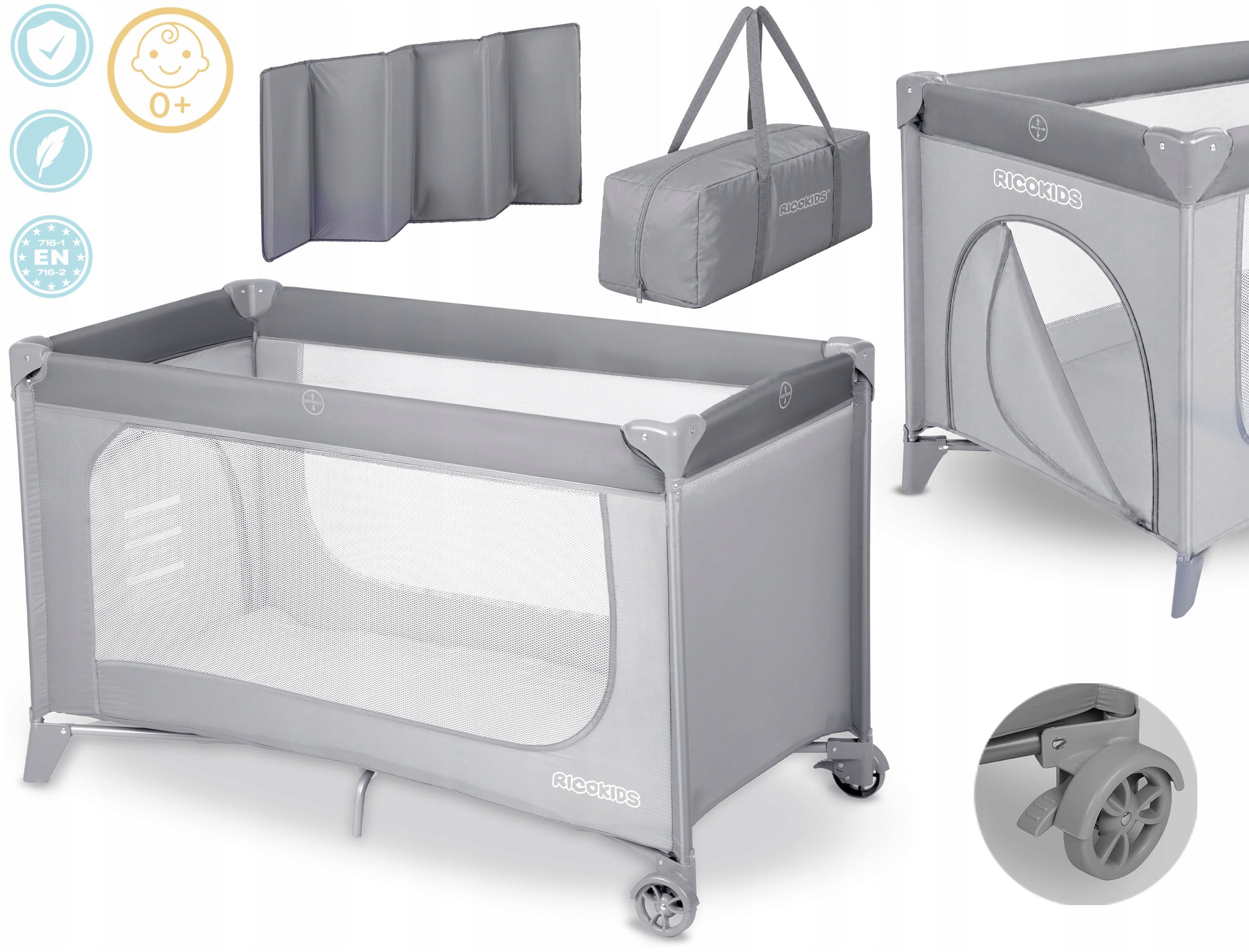 TRAVEL COT FOR CHILDREN FOLDING PLAYPEN RICOKIDS MATTRESS + BAG Manufacturer code 724001