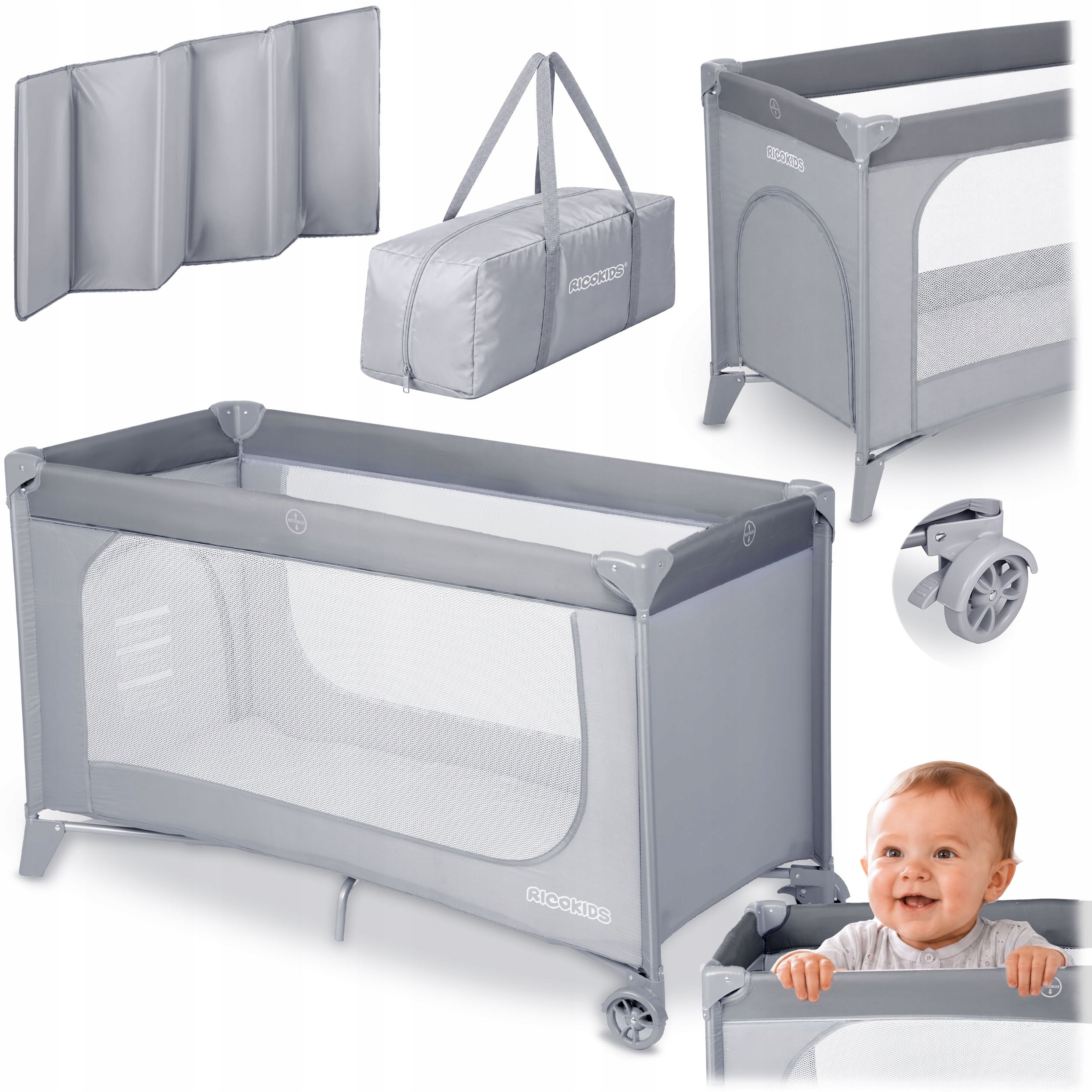 TRAVEL COT FOR CHILDREN FOLDING PLAYPEN RICOKIDS MATTRESS + BAG