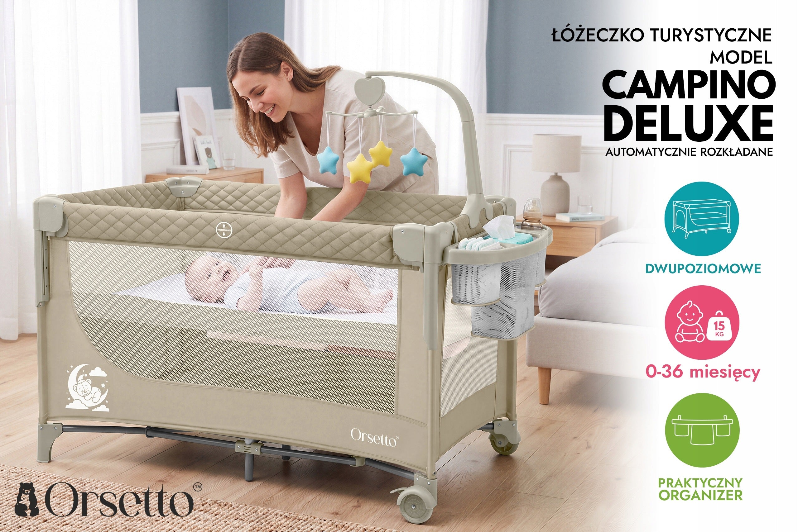 TRAVEL COT ORSETTO FOLDING QUICK FOLD + CAROUSEL ORGANIZER BEIGE Brand Orsetto