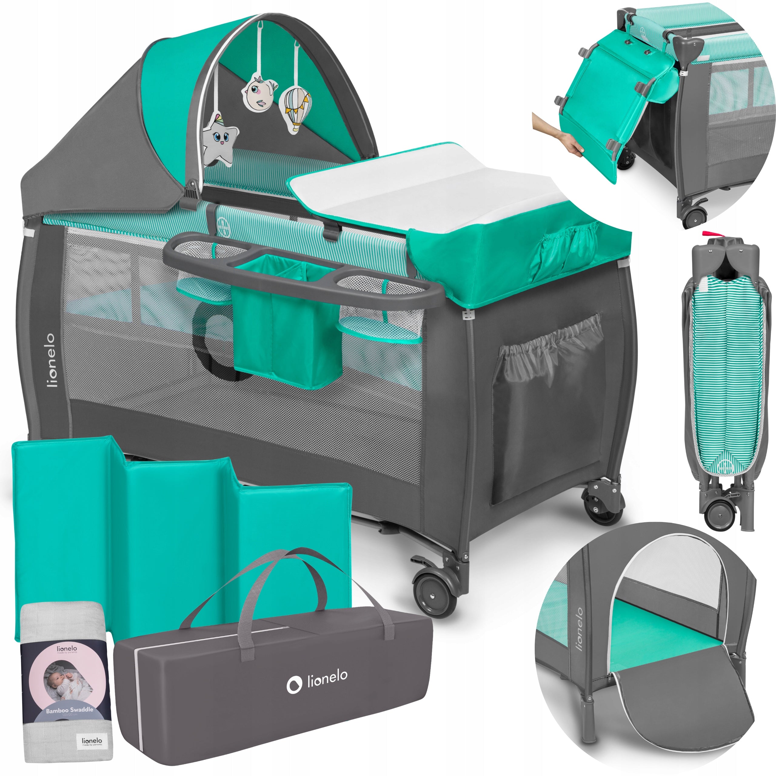 TRAVEL COT PLAYPEN LIONELO SVEN + BAMBOO SWADDLE GREY Packaging status original