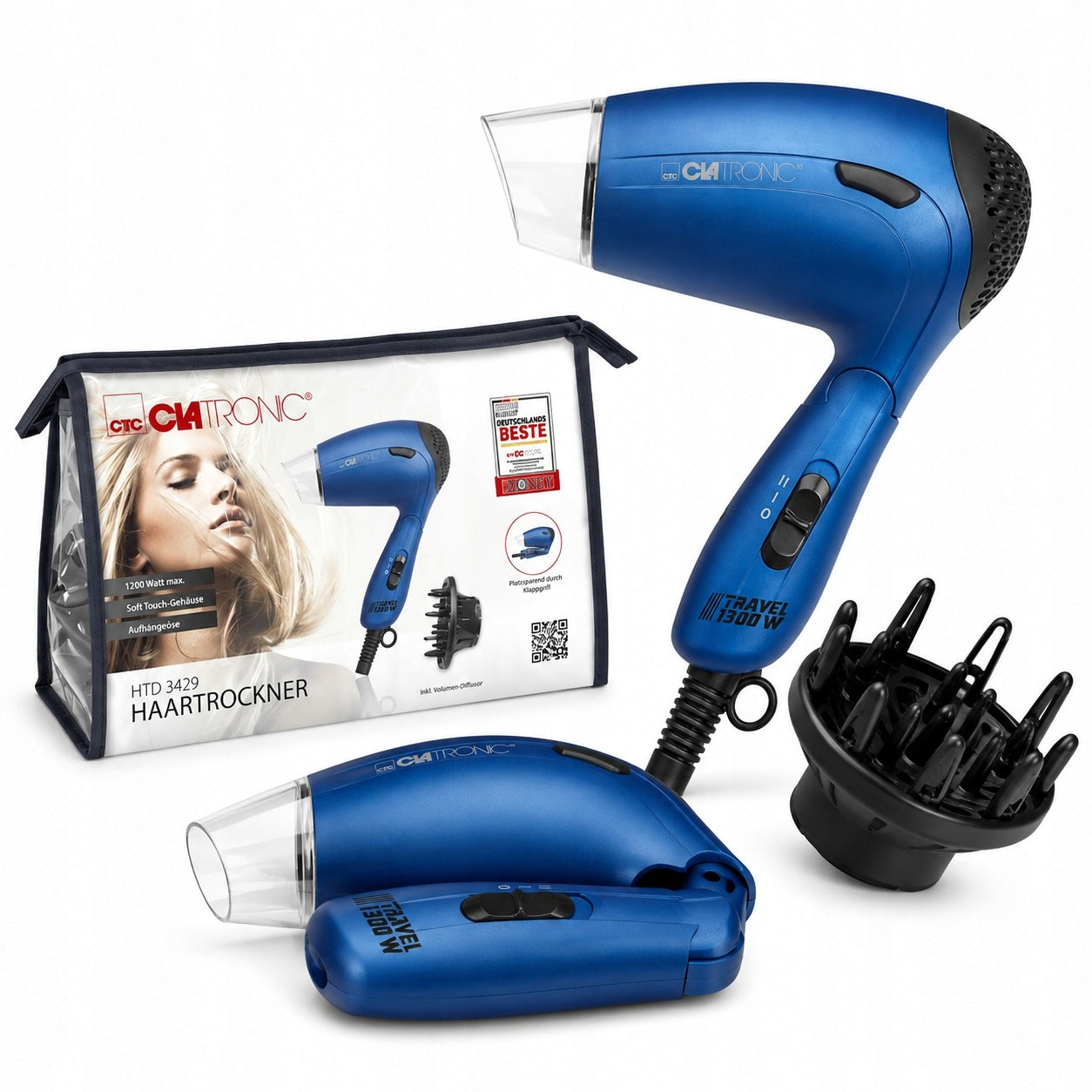 TRAVEL HAIR DRYER FOLDING SMALL 1300W TRAVEL WITH DIFFUSER