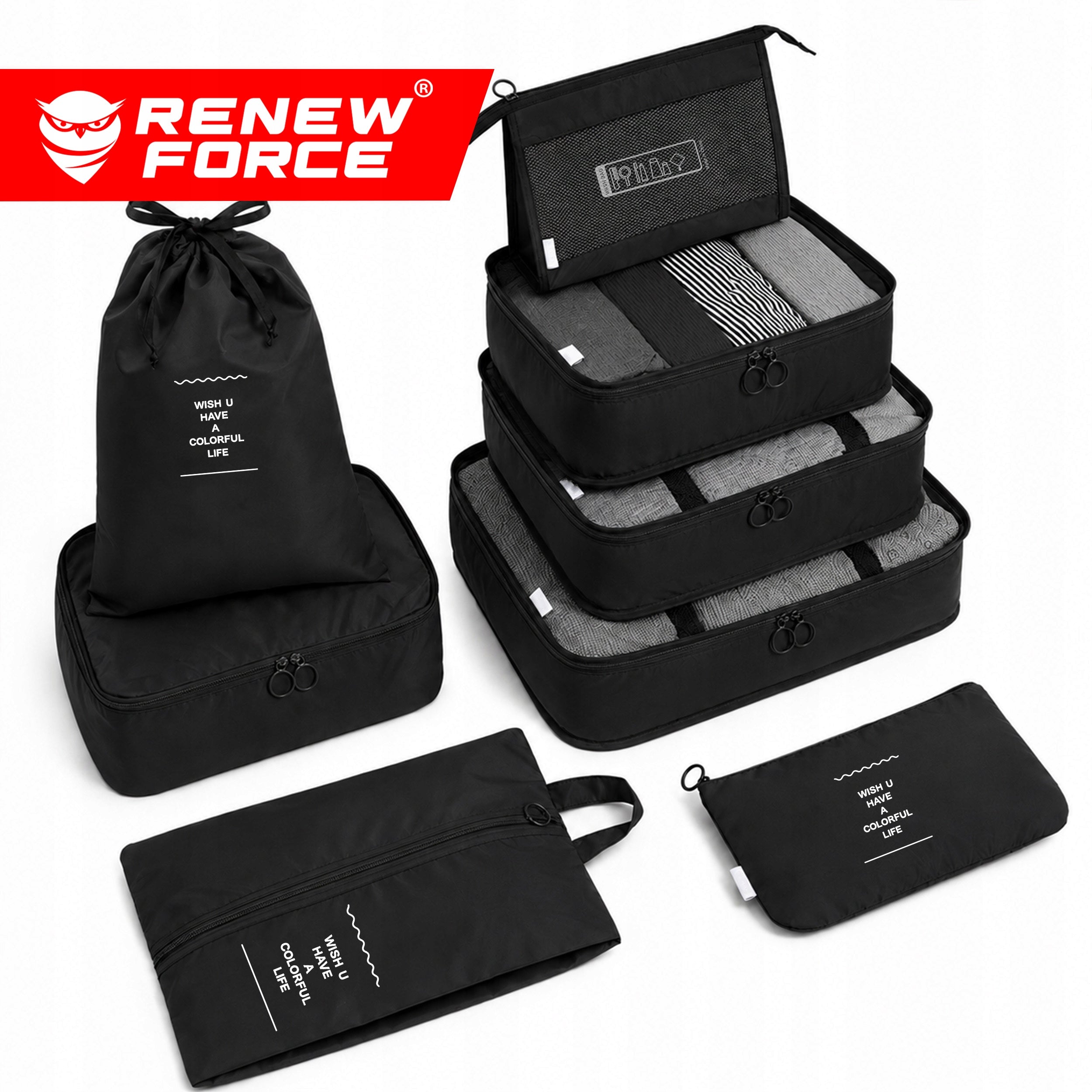 TRAVEL ORGANIZERS FOR SUITCASE CLOTHES SHOES UNDERWEAR BLACK SET OF 8PCS Manufacturer code KOMPLET ORGANIZERÓW NA UBRANIA KOSMETYKI 8W1