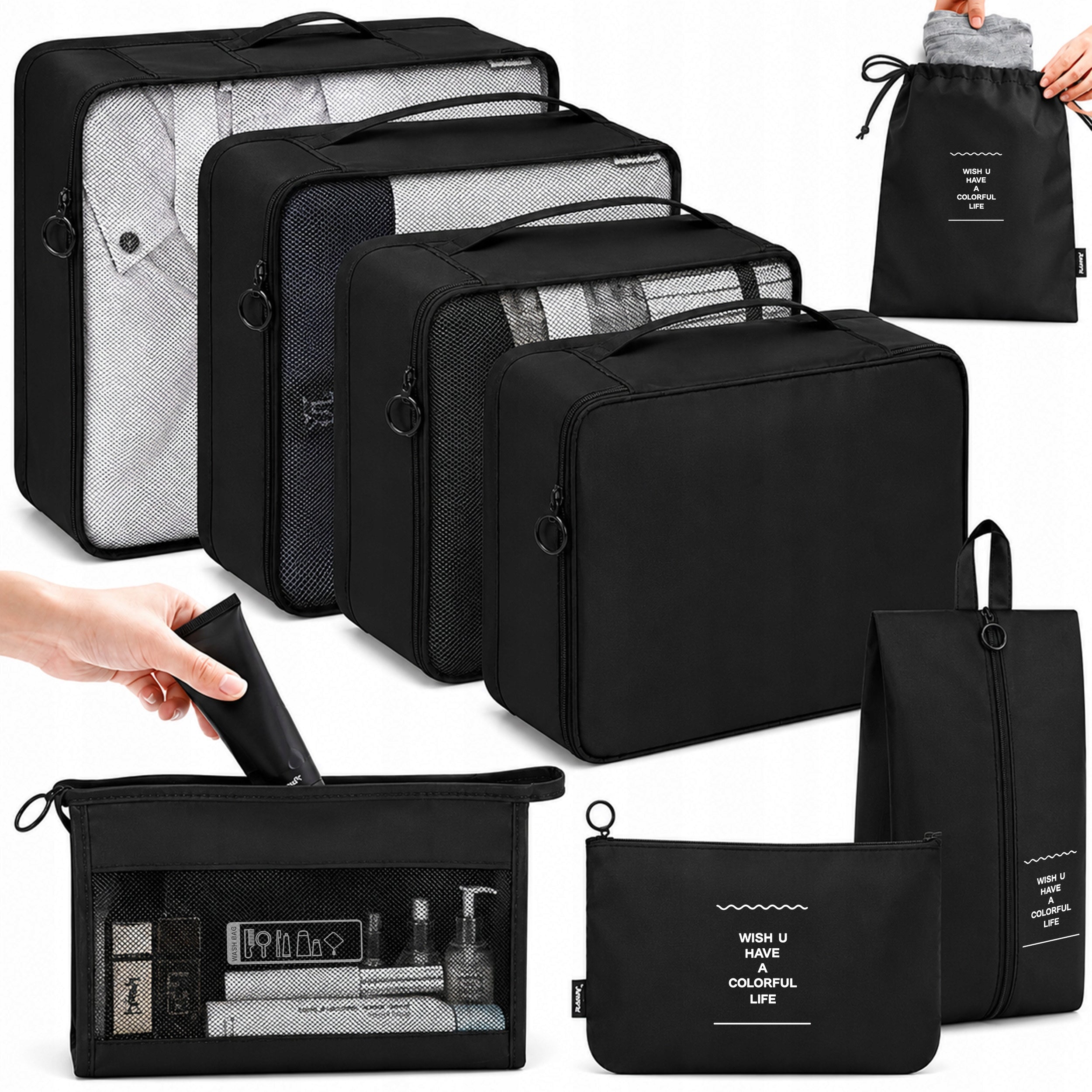 TRAVEL ORGANIZERS FOR SUITCASE CLOTHES SHOES UNDERWEAR BLACK SET OF 8PCS