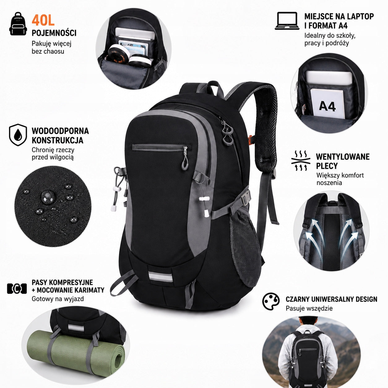 TREKKING BACKPACK 40L CITY SCHOOL FOR LAPTOP A4 FOR TRAVEL Packaging status original