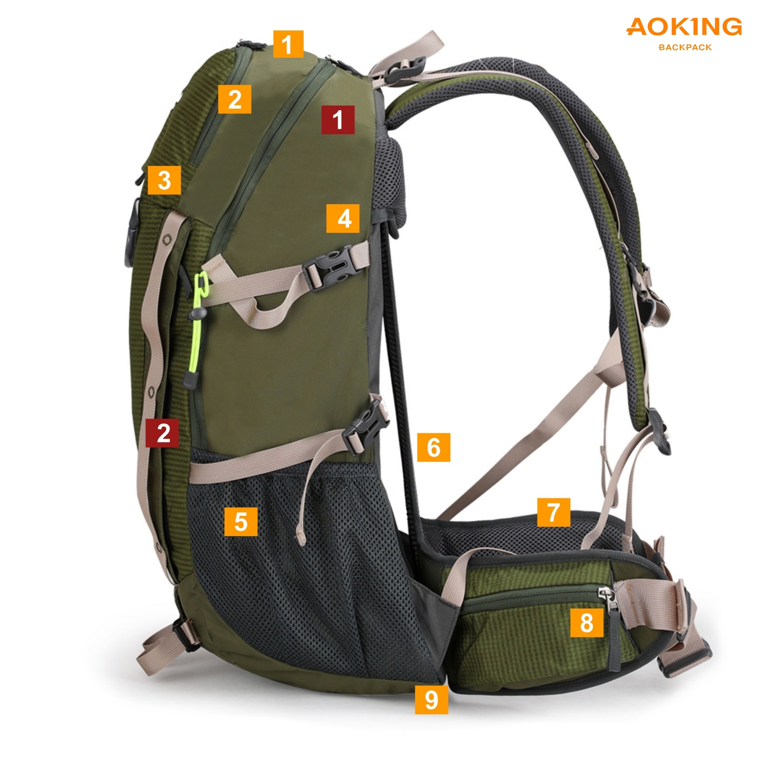 TREKKING HIKING BACKPACK 35L Frame 9 Pockets GREEN Packaging status original