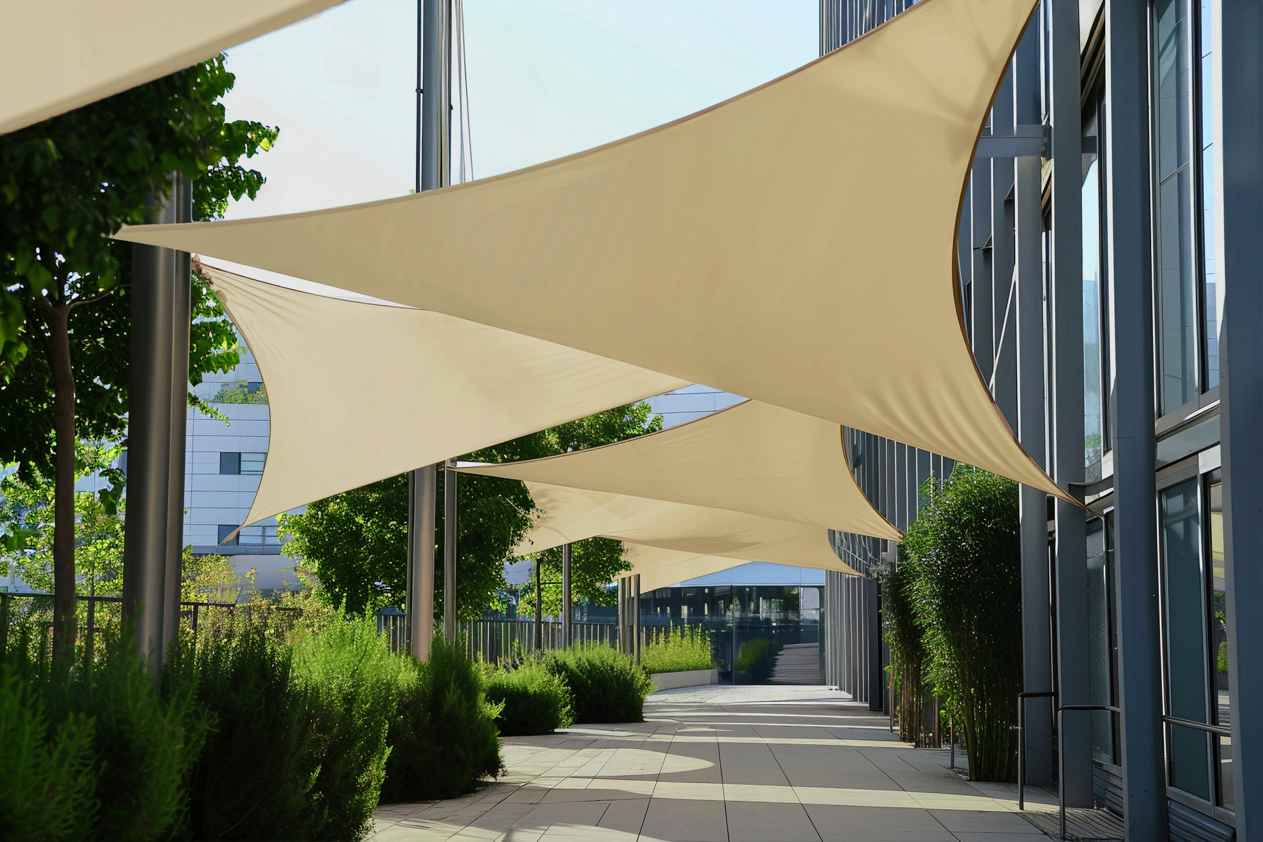TRIANGULAR SOLAR SAIL, WATERPROOF UV, TERRACE AWNING 5x5x5m BEIGE Main material fabric