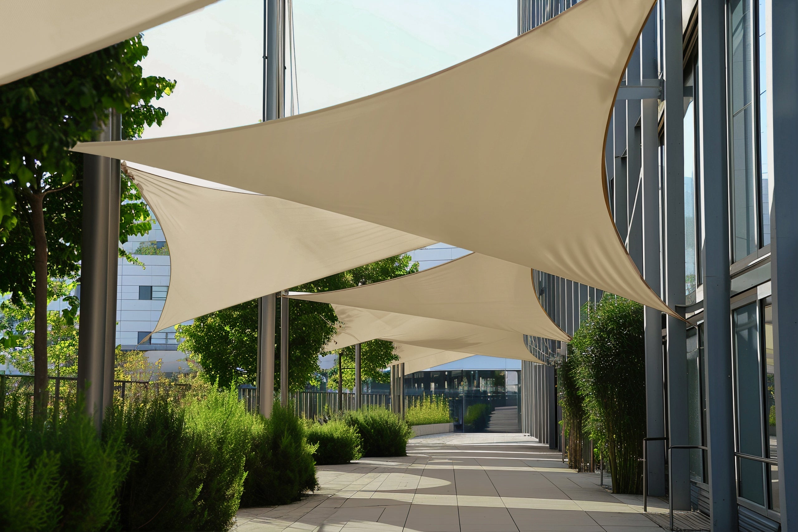 TRIANGULAR SOLAR SAIL, WATERPROOF UV, TERRACE AWNING 5x5x5m TAUPE Length 500 cm