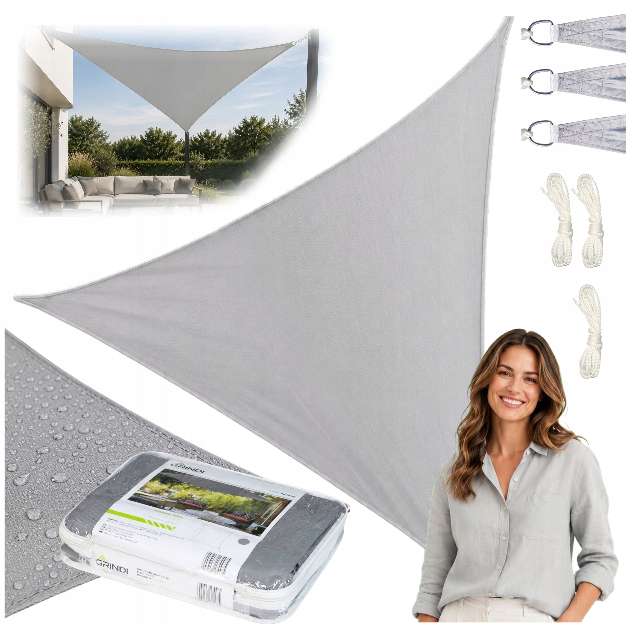 TRIANGULAR SUN SAIL 3X3 160G/M2 BALCONY GREY + BAG