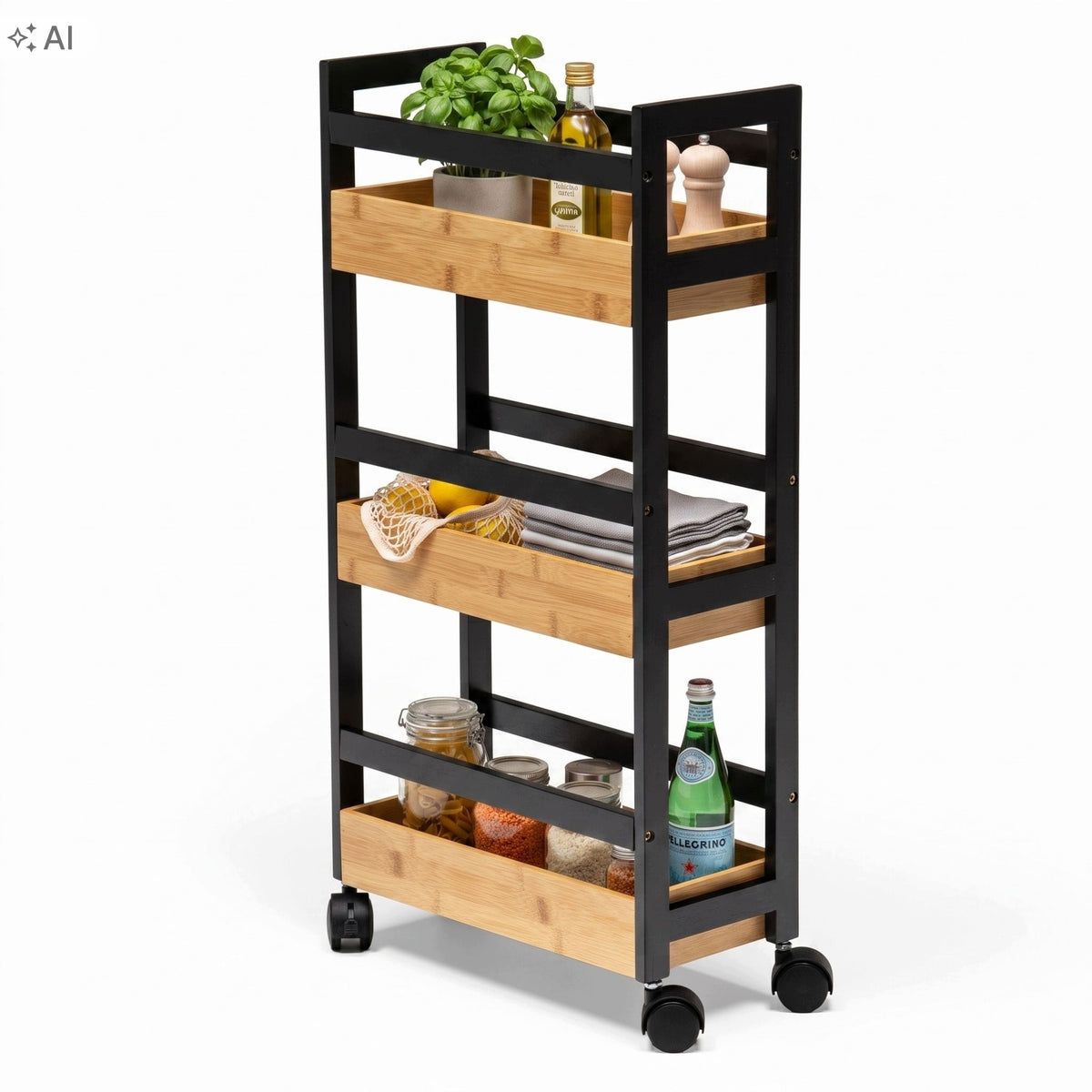 TROLLEY KITCHEN RACK BATHROOM TABLE ON WHEELS ORGANIZER 3 SHELVES BAMBOO Packaging status original