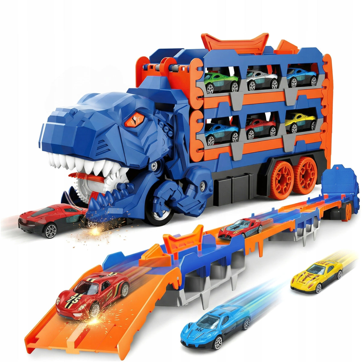 TRUCK DINOSAUR RACE TRACK 3IN1 EYRZUTNIA TRANSPORTER 12 CARS TOW TRUCK Packaging status original