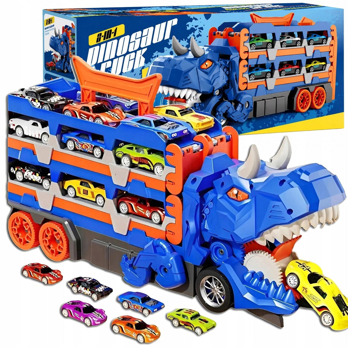 TRUCK DINOSAUR RACE TRACK GARAGE 3IN1 TOW TRUCK + 6 CARS