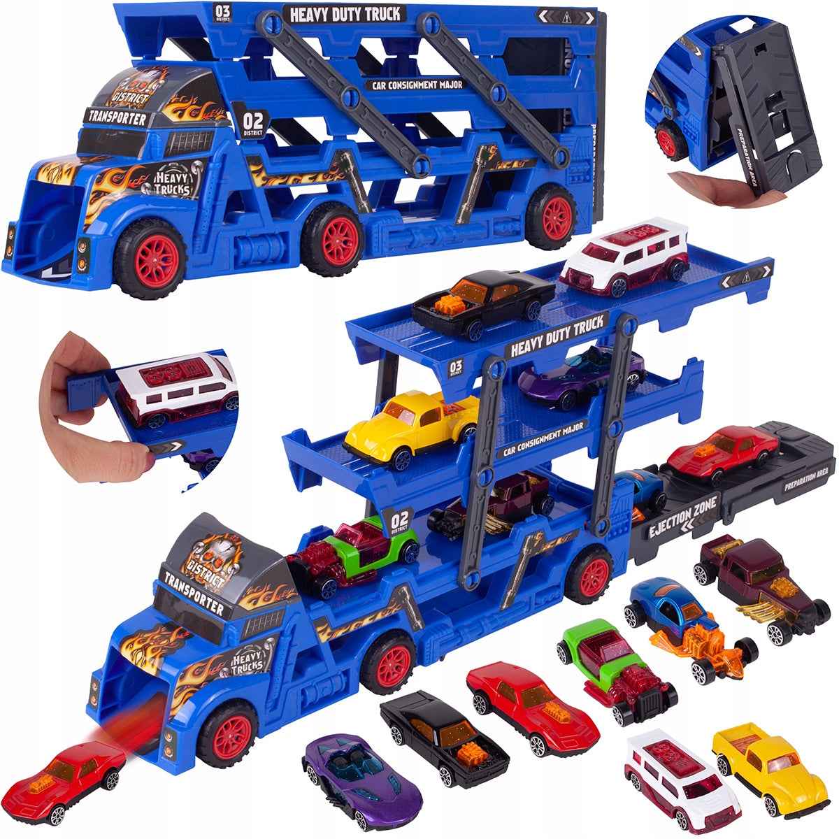 TRUCK TIR TOW TRUCK 3 LEVELS WITH LAUNCHER + 8 CARS Packaging status original