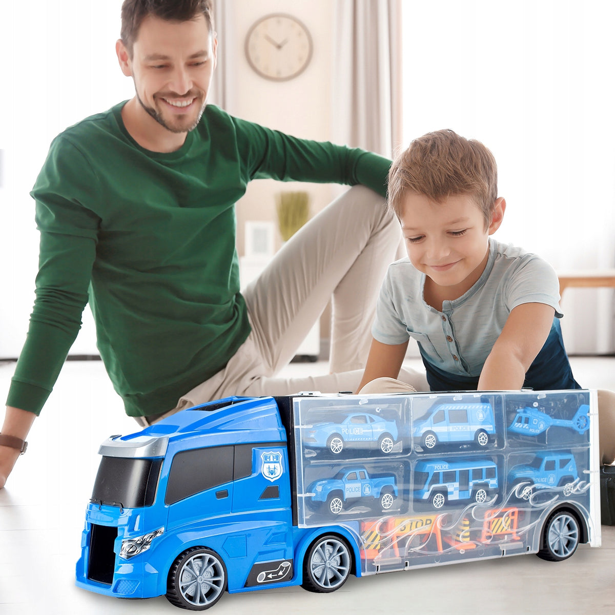 TRUCK WITH CARS SUITCASE TRUCK TOW TRUCK POLICE CARS HELICOPTER Manufacturer code 108438