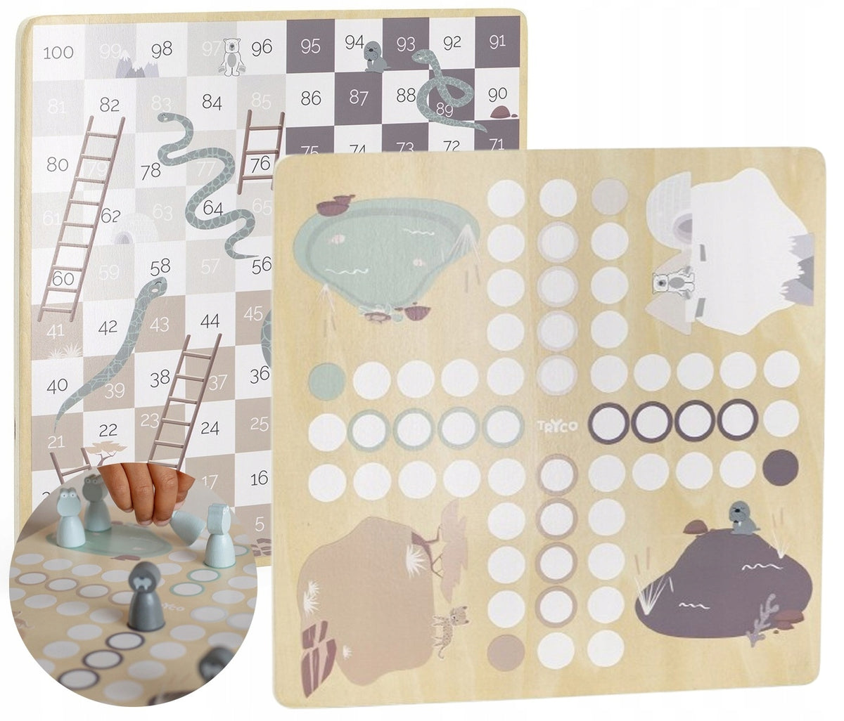 TRYCO WOODEN BOARD GAME 2IN1 CHINESE LUDO + SNAKES AND LADDERS