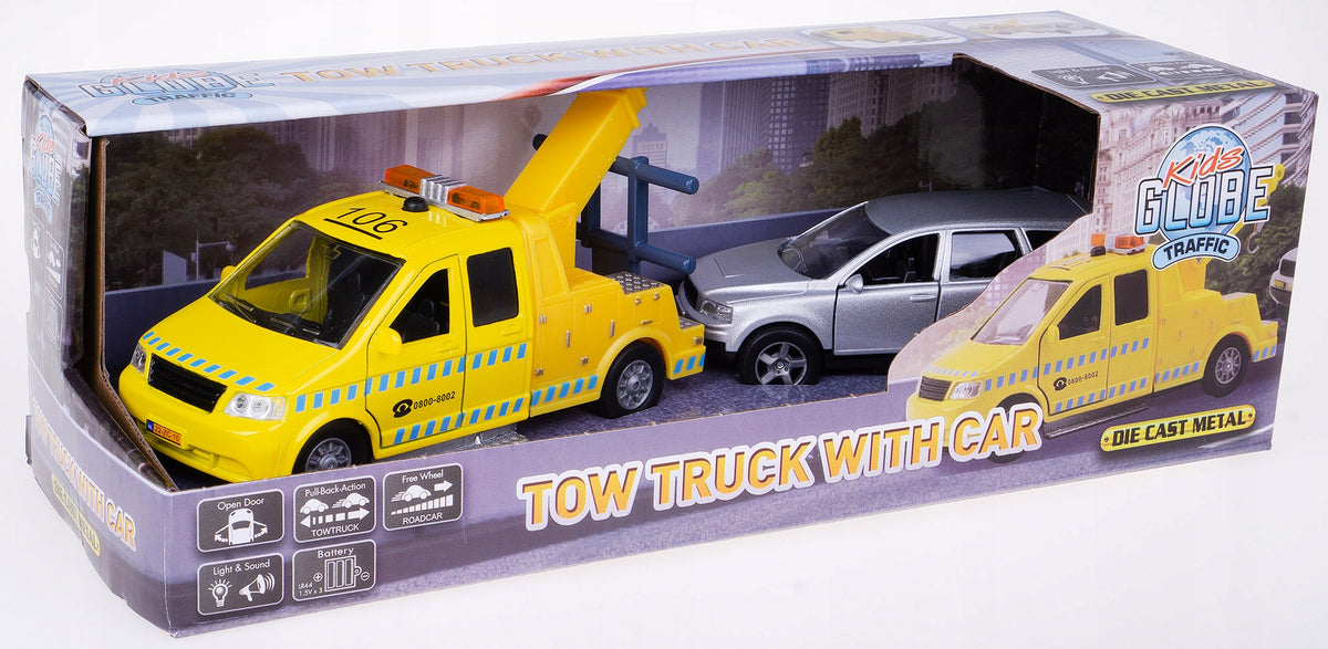TUG TOW TRUCK ROADSIDE ASSISTANCE + CAR METAL LIGHT SOUND SILVER Packaging status original