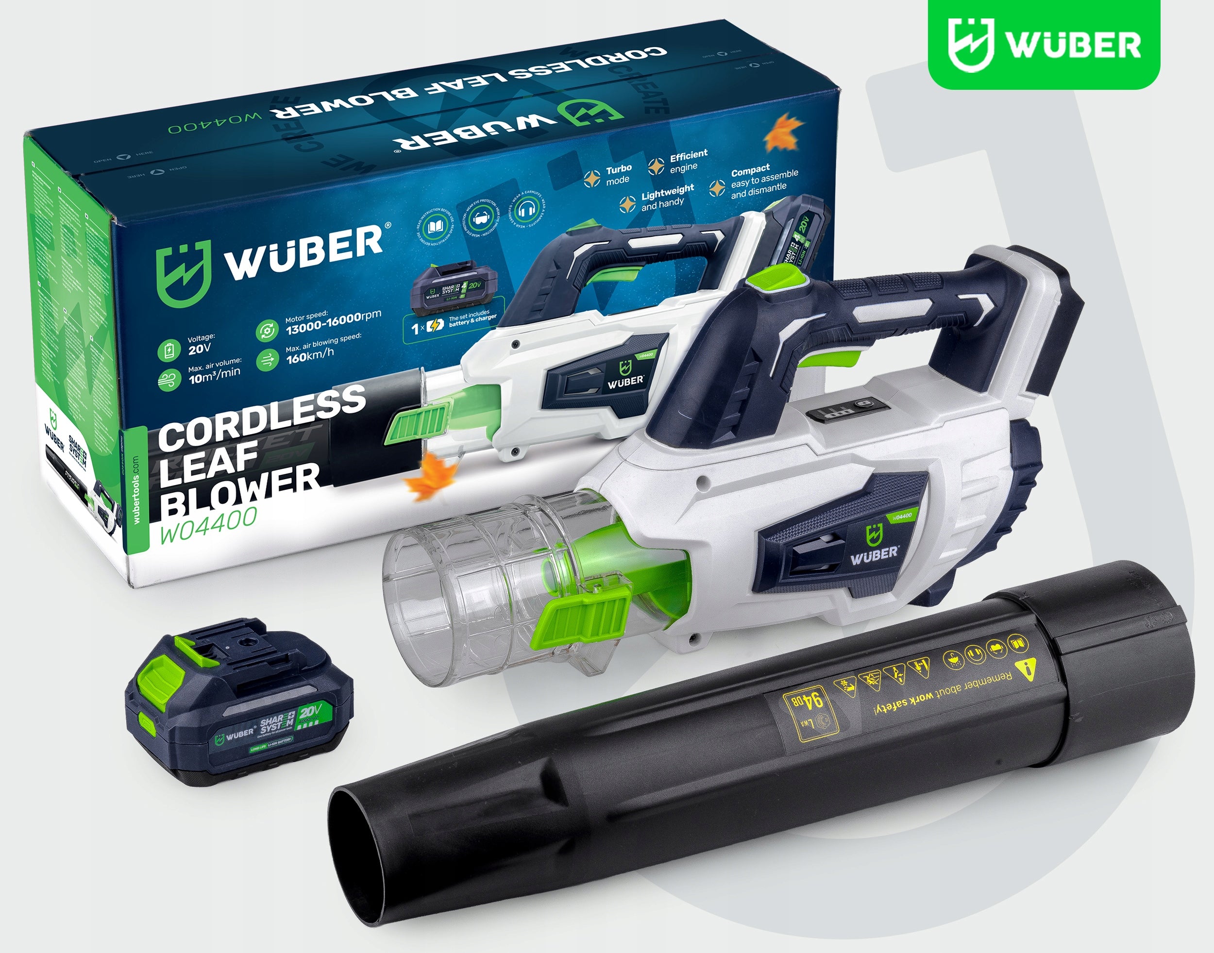 TURBO BATTERY BLOWER 20V 160 KM/H 10 M³/MIN SHARE + SYSTEM + AKU Manufacturer code W04400 DMUCHAWA AKUMULATOROWA DO LIŚCI WUBER