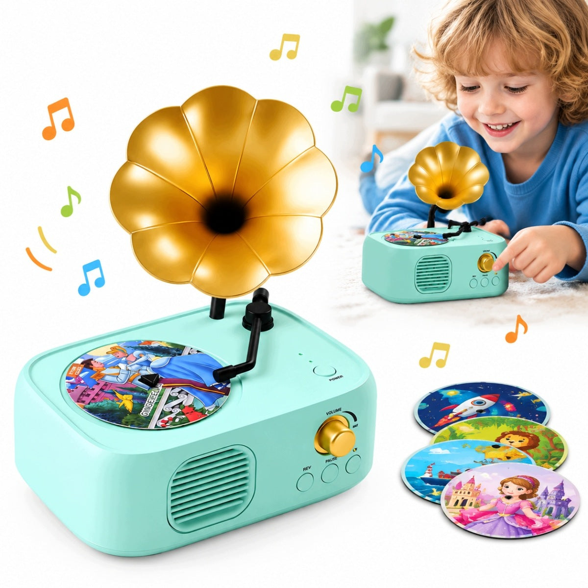 TURNTABLE FOR CHILDREN WITH 96 CARDS, SONGS AND RECORDING CARDS