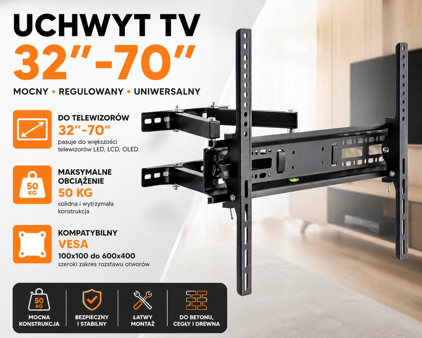 TV Mount 32"-70" inches Adjustable VESA Hanger from 100x100 to 600x400 50 kg Manufacturer code WYSIĘGNIK ŚCIANĘ SAMSUNG LG SONY 60x40cm