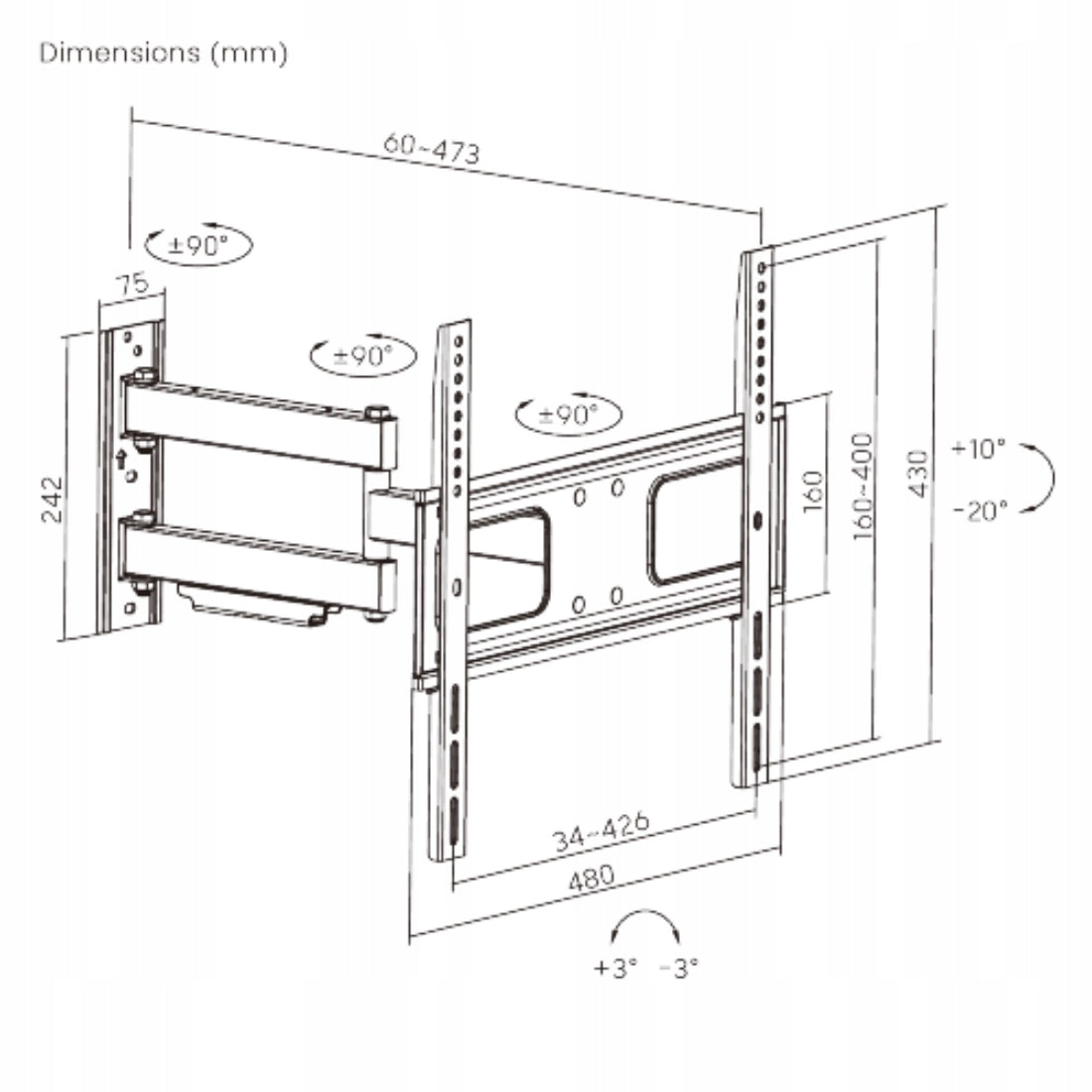 TV Wall Mount 32-75" 50kg VESA Outdoor Swivel Adjustable Spacetronik Packaging status original