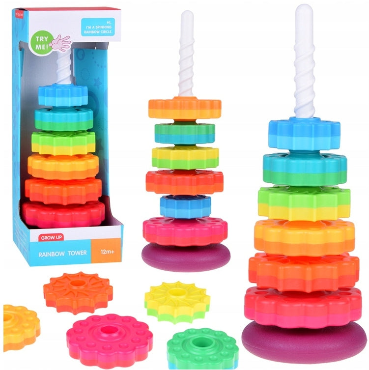 TWISTED LARGE PYRAMID RAINBOW TOWER EDUCATIONAL THREADED -41cm 6 discs