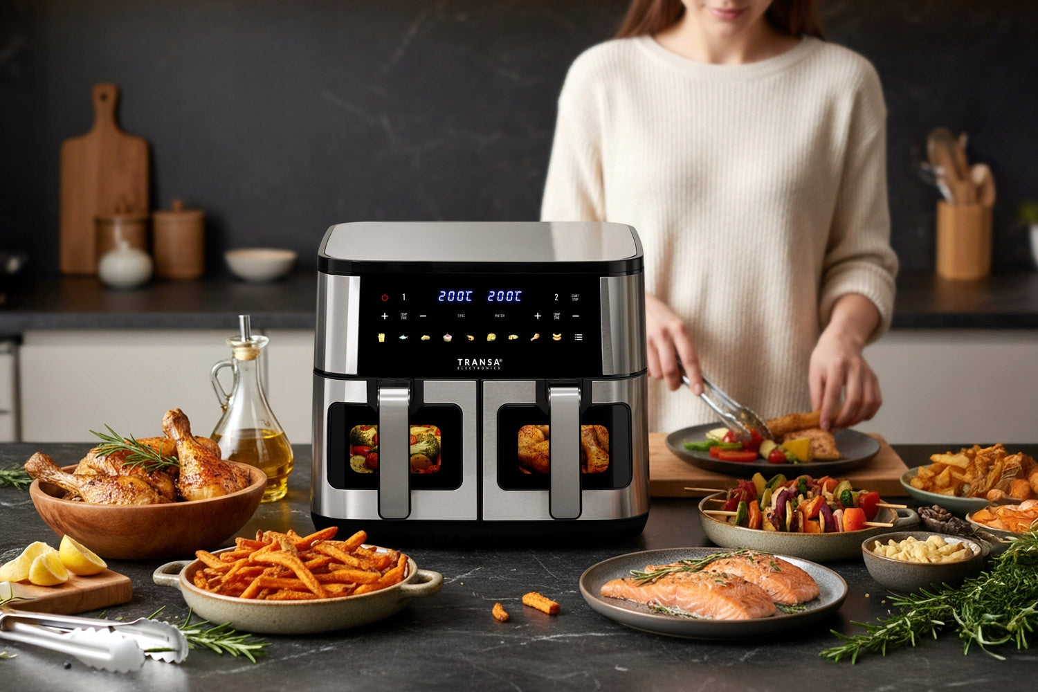 TWO CHAMBER FAT FREE AIR FRYER 9 PROGRAMS LED 9L 2800W Power 2800 W