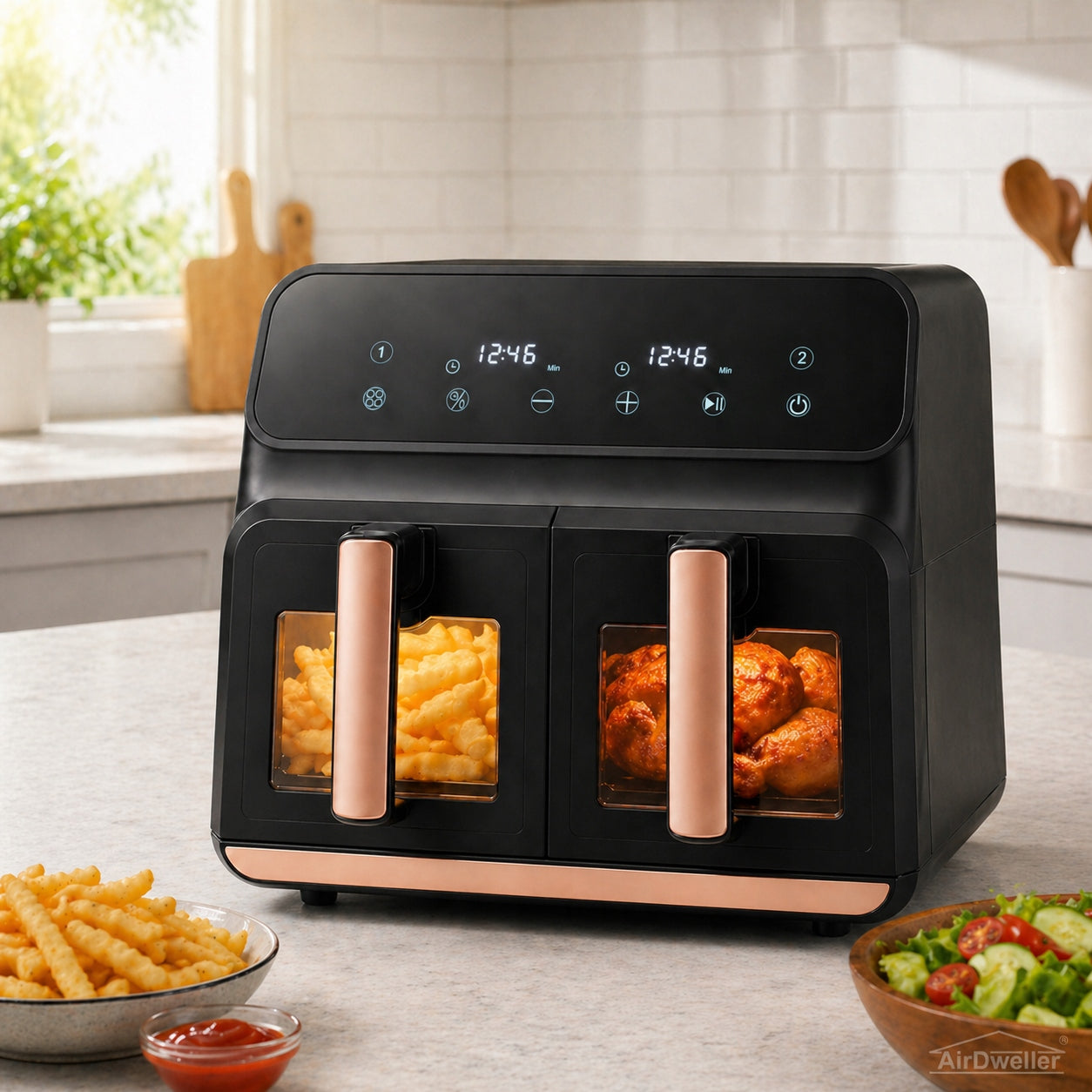 TWO-CHAMBER NON-FAT AIR FRYER AIRDWELLER AIR FRYER 2400W 9L BLACK Model FRYTKOWNICA BEZTŁUSZCZOWA AIR FRYER 9L DWUKOMOROWA