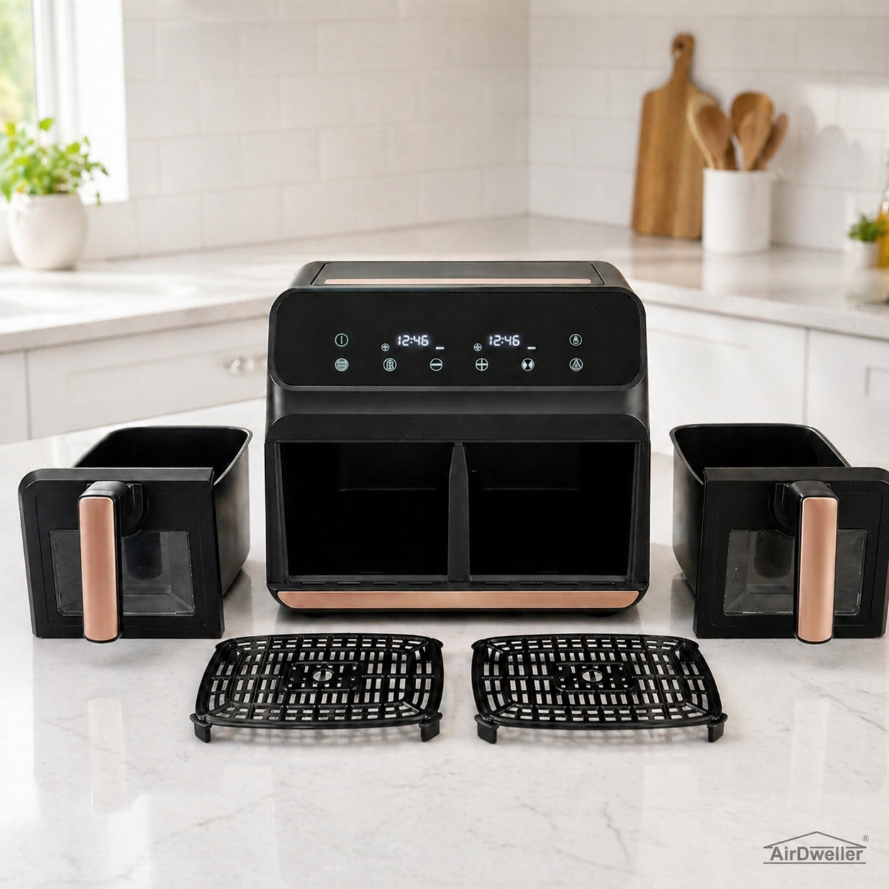 TWO-CHAMBER NON-FAT AIR FRYER AIRDWELLER AIR FRYER 2400W 9L BLACK Packaging status original