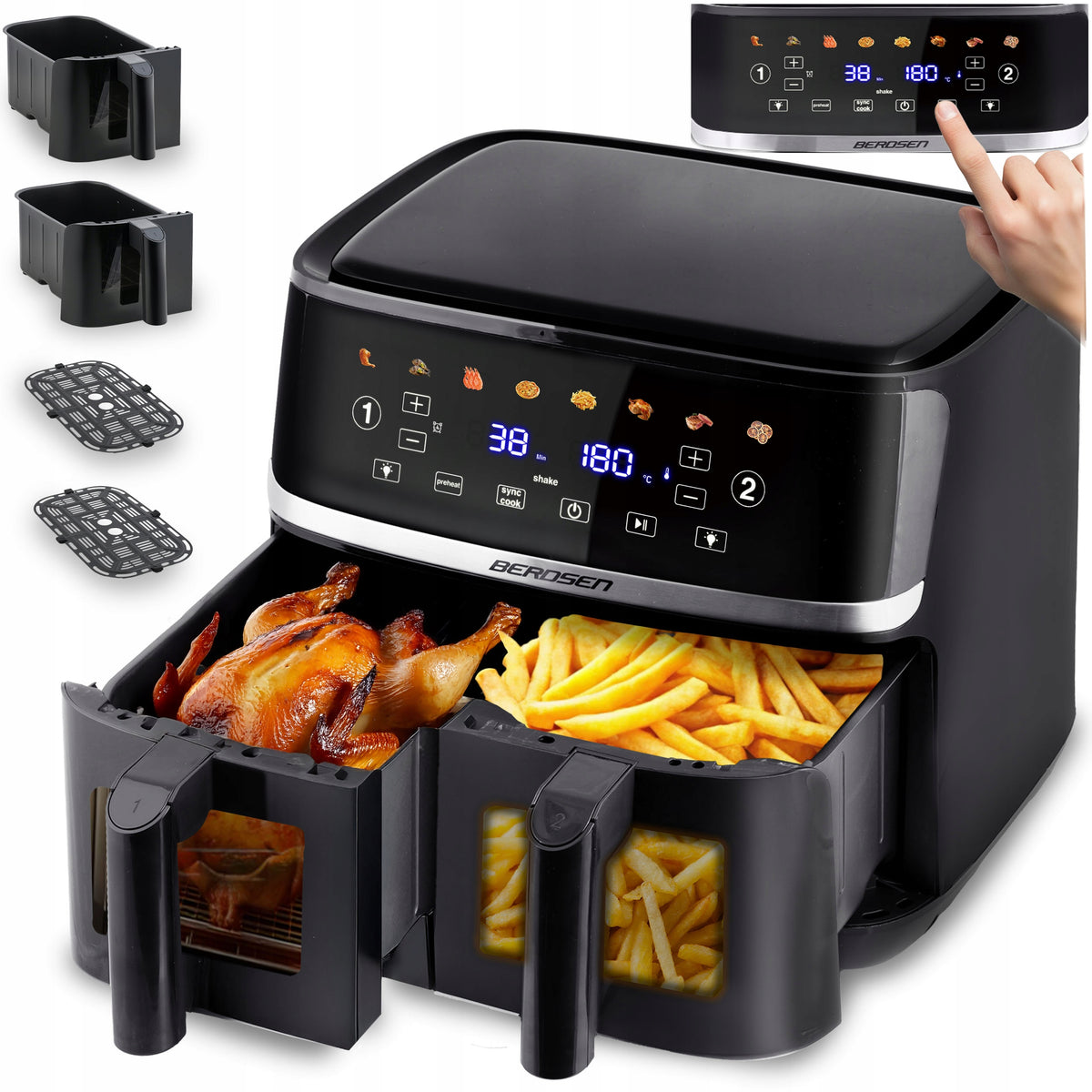 TWO-CHAMBER NON-FAT AIR FRYER LARGE 10,2L AIR FRYER XL BERDSEN 1700W