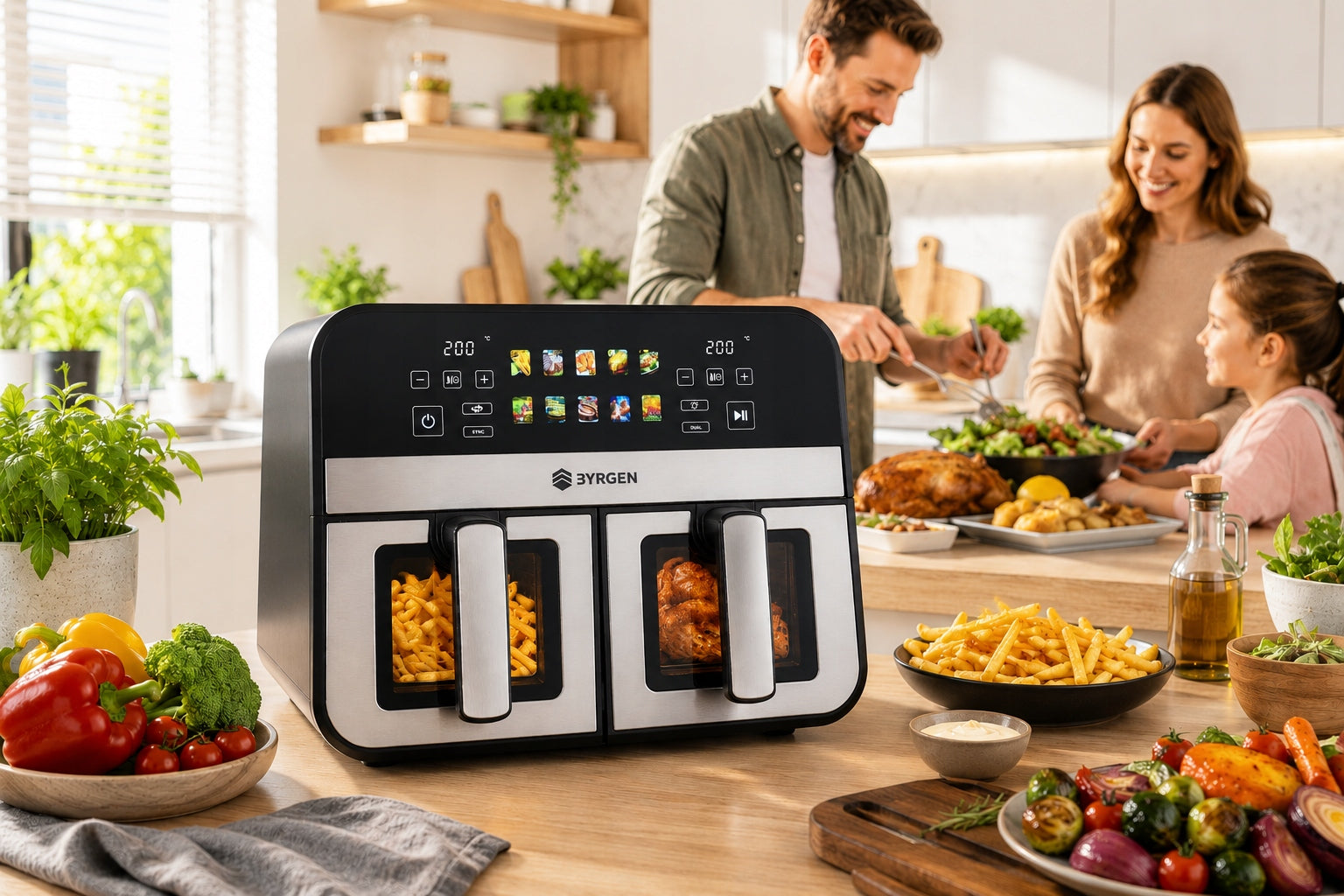 TWO-CHAMBER NON-FAT AIR FRYER LCD BYRGEN AIR FRYER 9L 2400W Power 2400 W