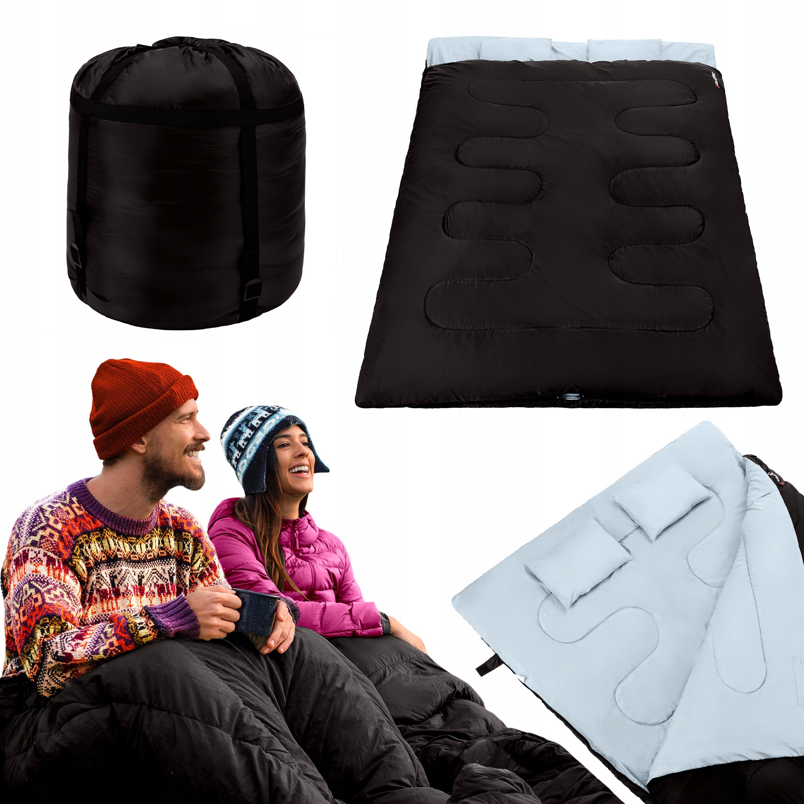 TWO-PERSON HIKING SLEEPING BAG DUVET WITH PILLOWS WINTER WARM 350g/m2