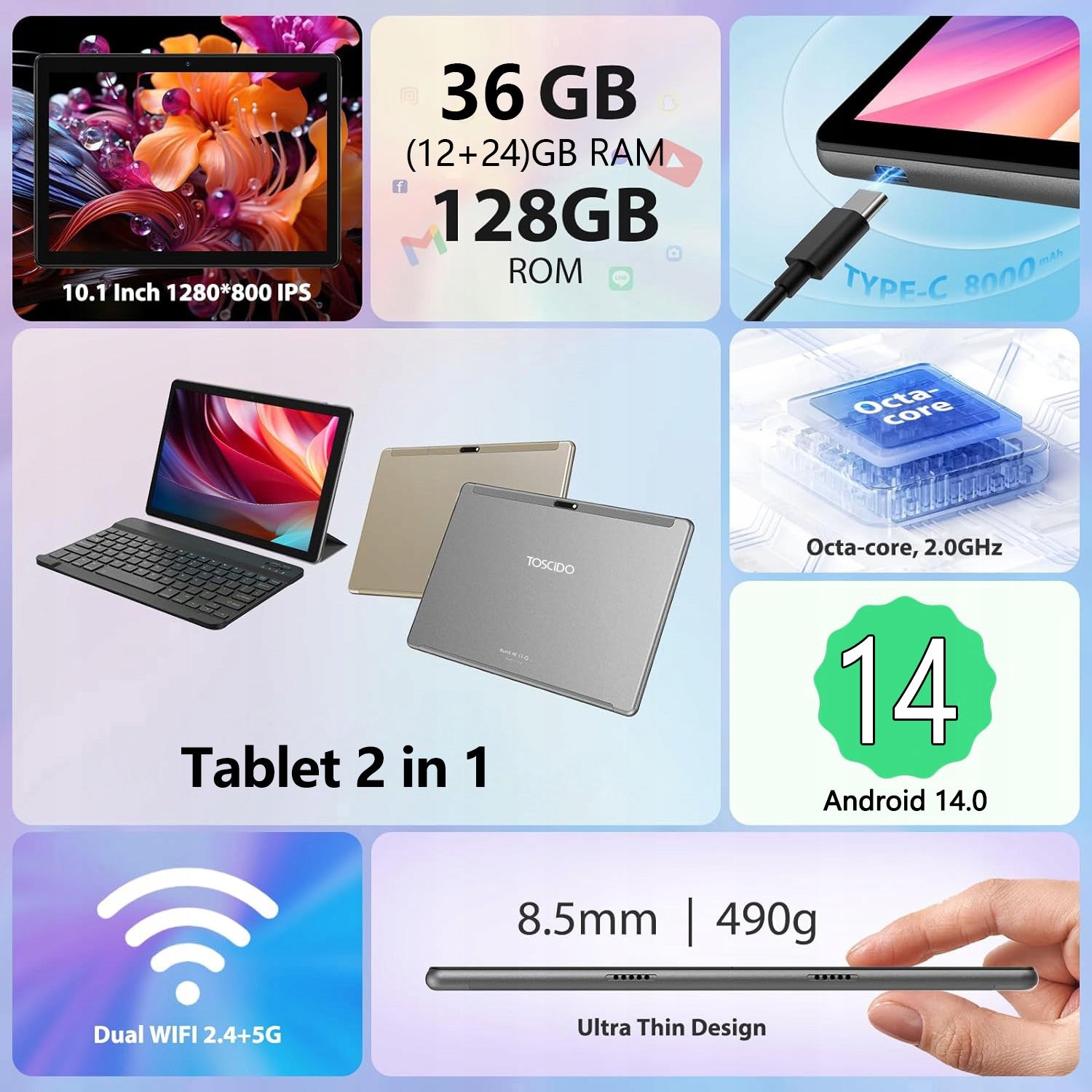 Tablet 10.1" Octa-Core TOSCIDO 36GB+128GB Android 14.0 4G LTE/SIM/5G Wifi Brand TOSCIDO
