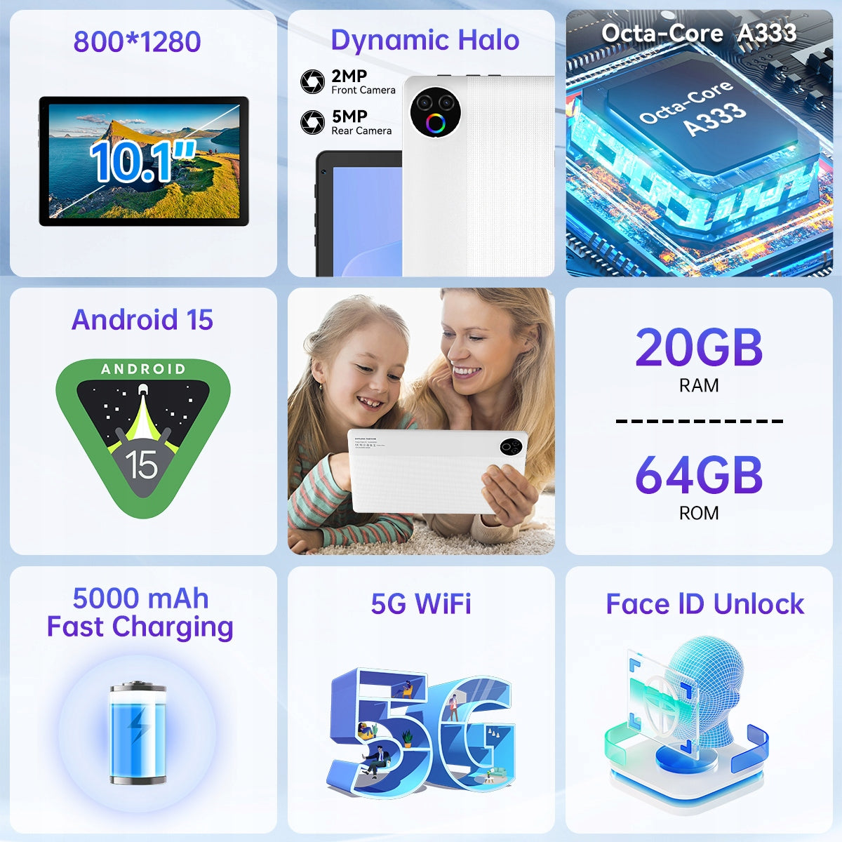 Tablet 20GB RAM+64GB ROM Android 15 10'' 5000mAh HD Display 1280*800 White Packaging status original