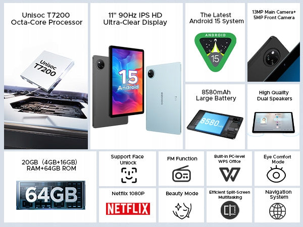 Tablet DOOGEE TabA9+ 11“ Android 20+64GB 8580mAh 90Hz/WIFI/GPS/OTG/ZESTAW Packaging status original