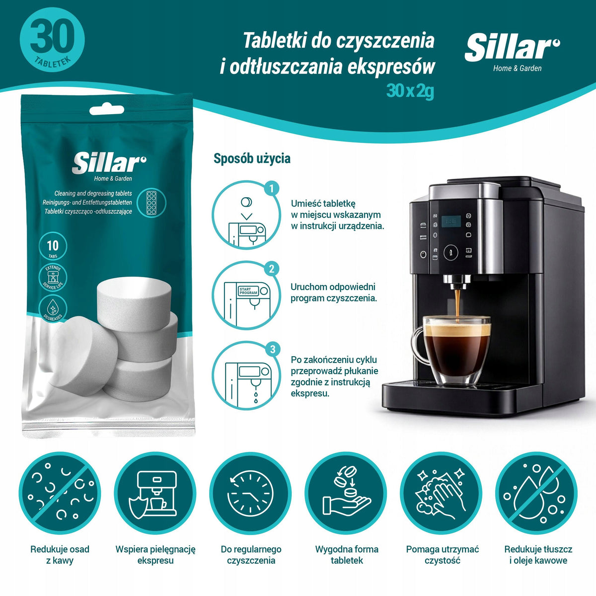 Tablets for cleaning the machine and degreasing from sludge - Sillar 30 x 2g Brand Sillar