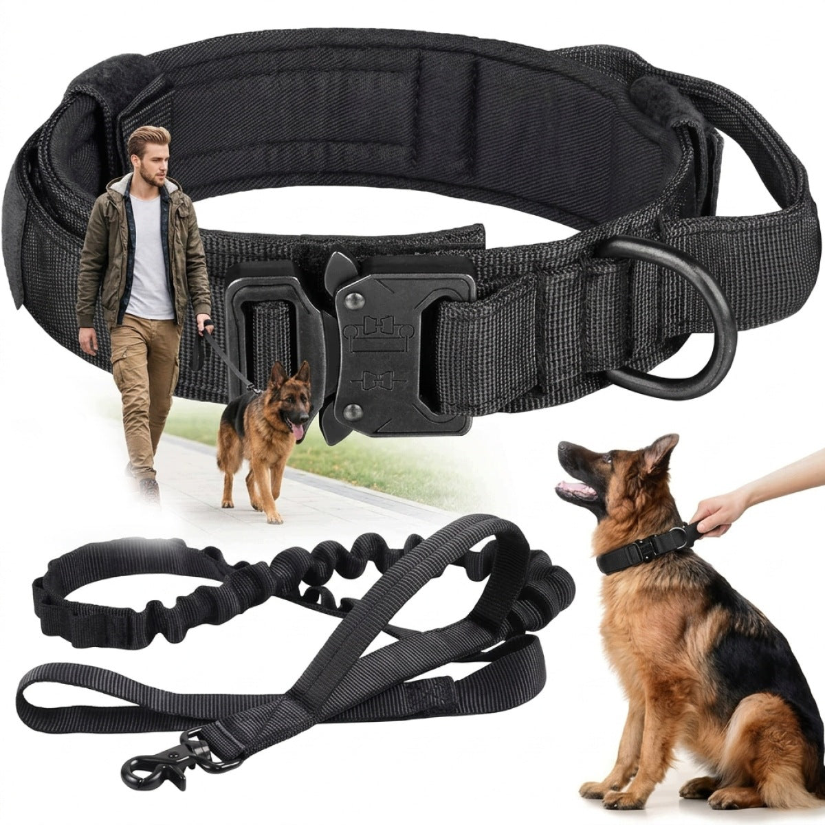 Tactical Dog Collar and Leash Set - Adjustable, Heavy Duty, Large