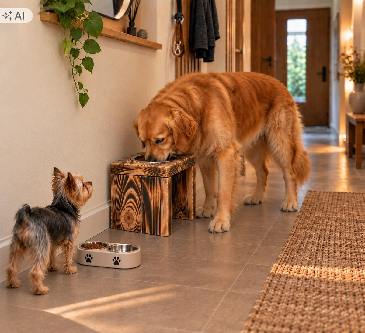 Tall Dog Bowl Stand. Elevated Dog Tanned Wood Buffet Manufacturer code KRONA1
