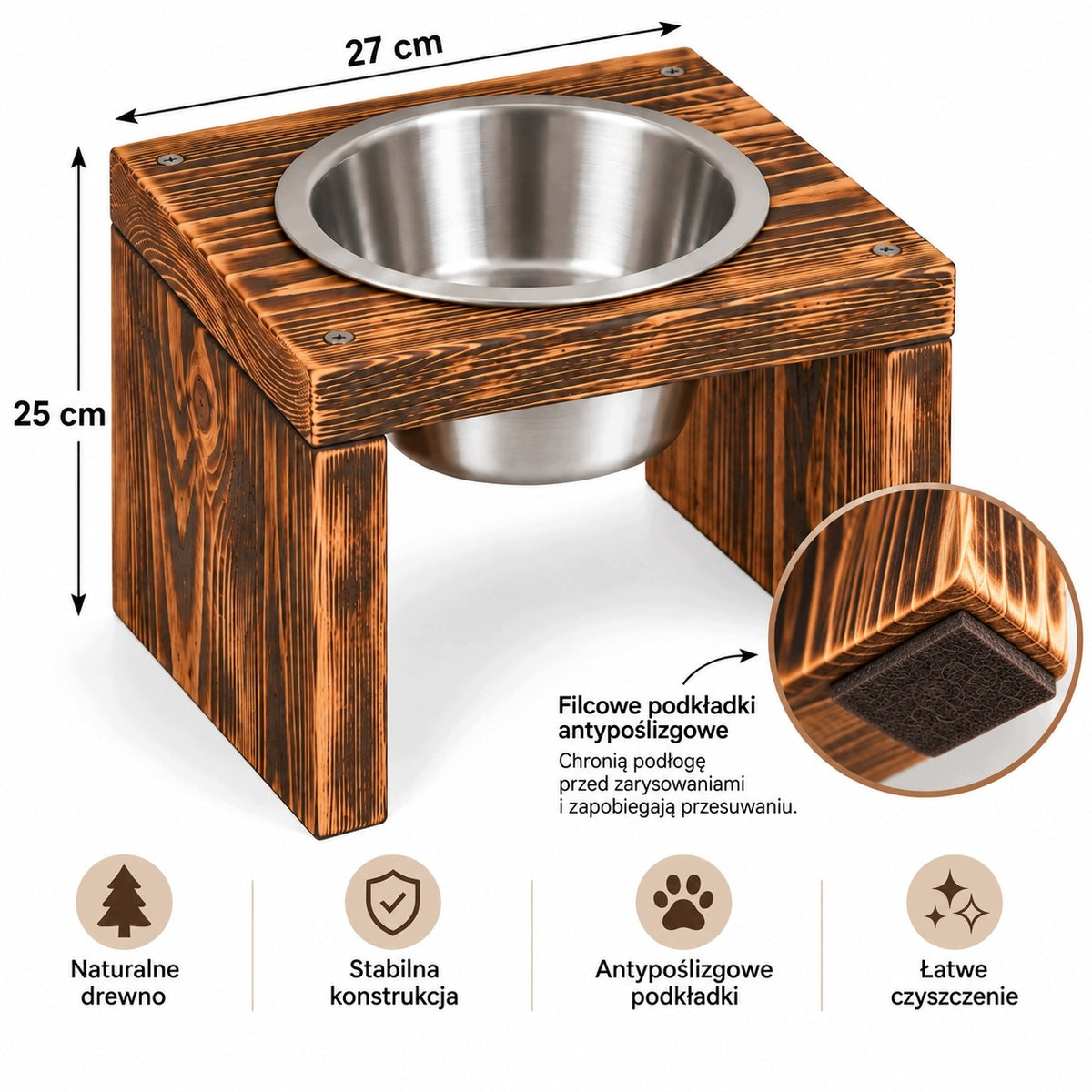 Tall Dog Bowl Stand. Elevated Dog Tanned Wood Buffet Packaging status original