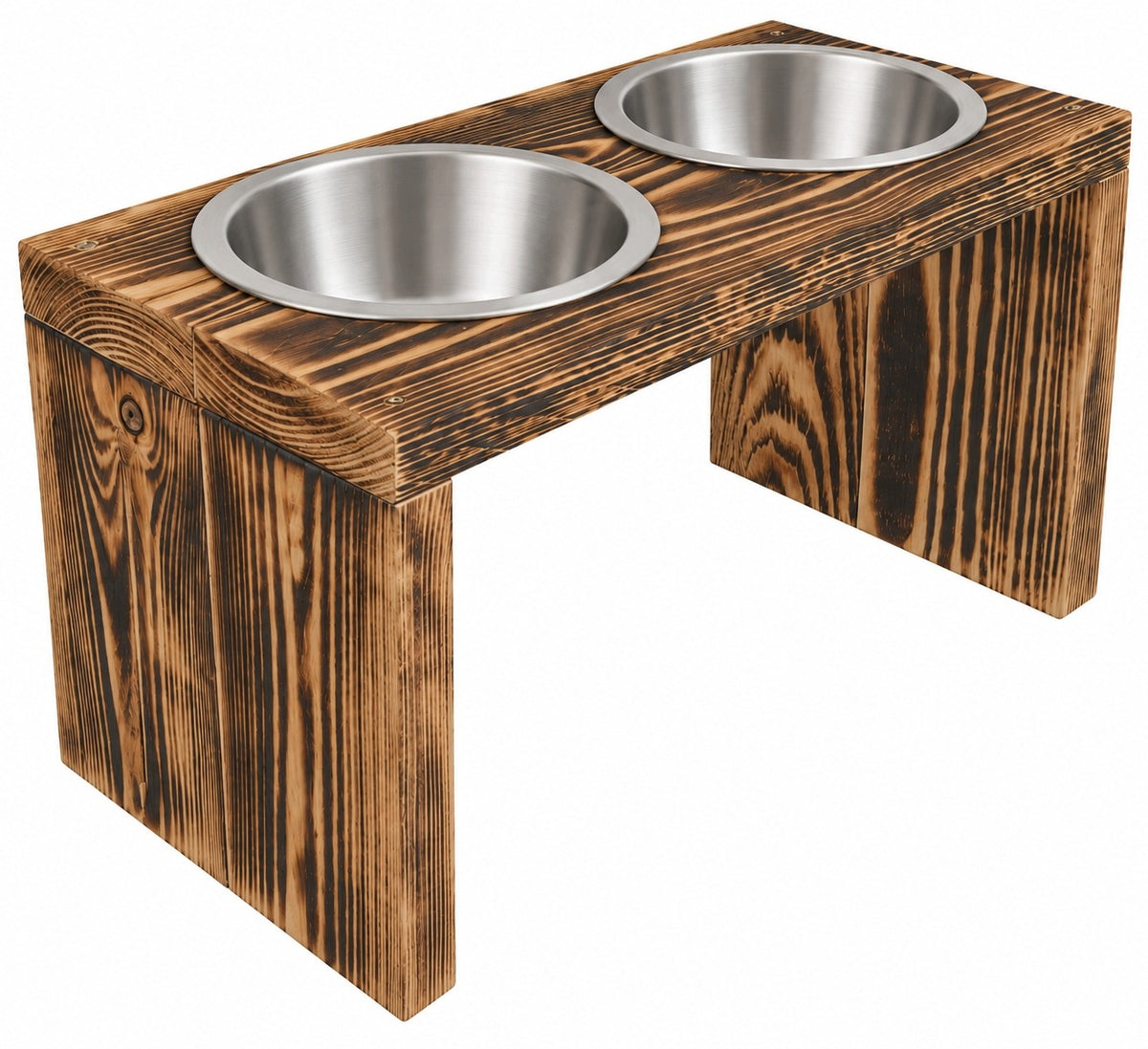 Tall stand for two dog bowls. Elevated dog food and water buffet