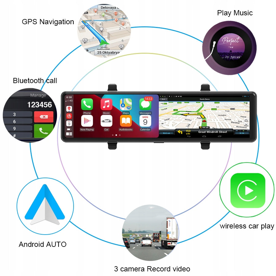 Taxi Recorder Bus QHD Three Cameras Mirror GPS Navigation Android Carplay Model HA421
