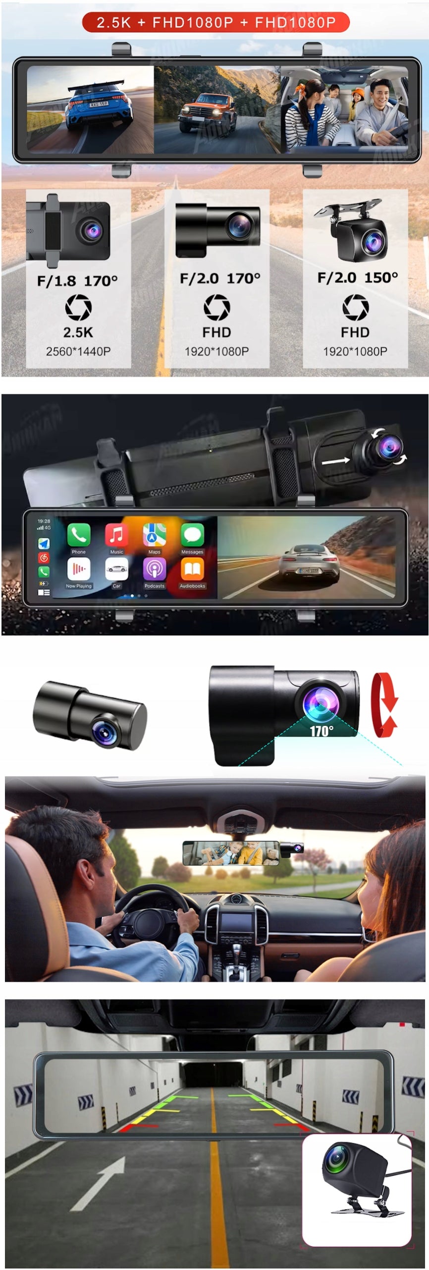 Taxi Recorder Bus QHD Three Cameras Mirror GPS Navigation Android Carplay Viewing angle 170°