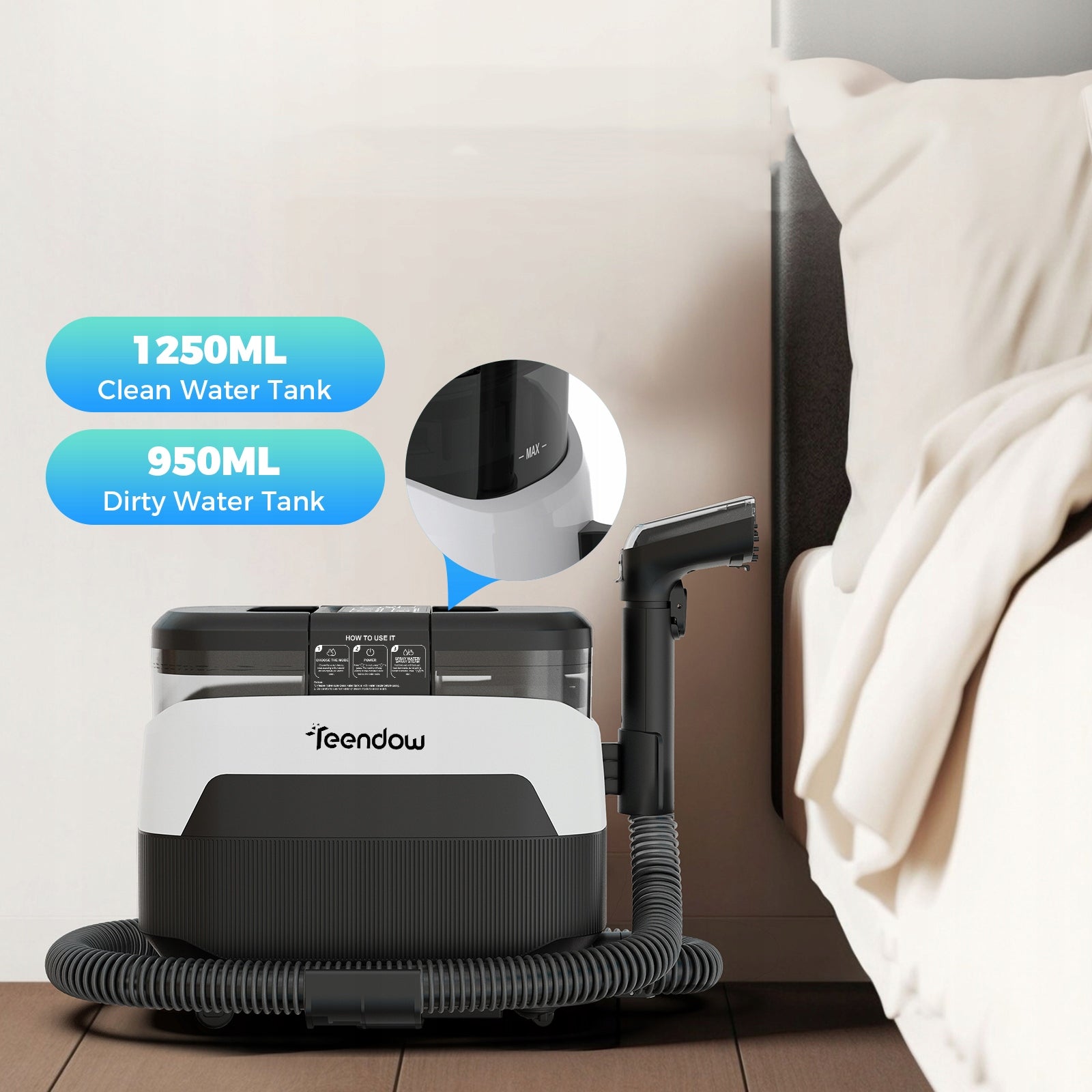 Teendow C6 MAX 1650W 12000Pa Steam Carpet Sofa Auto Clean water tank capacity 1.25 l